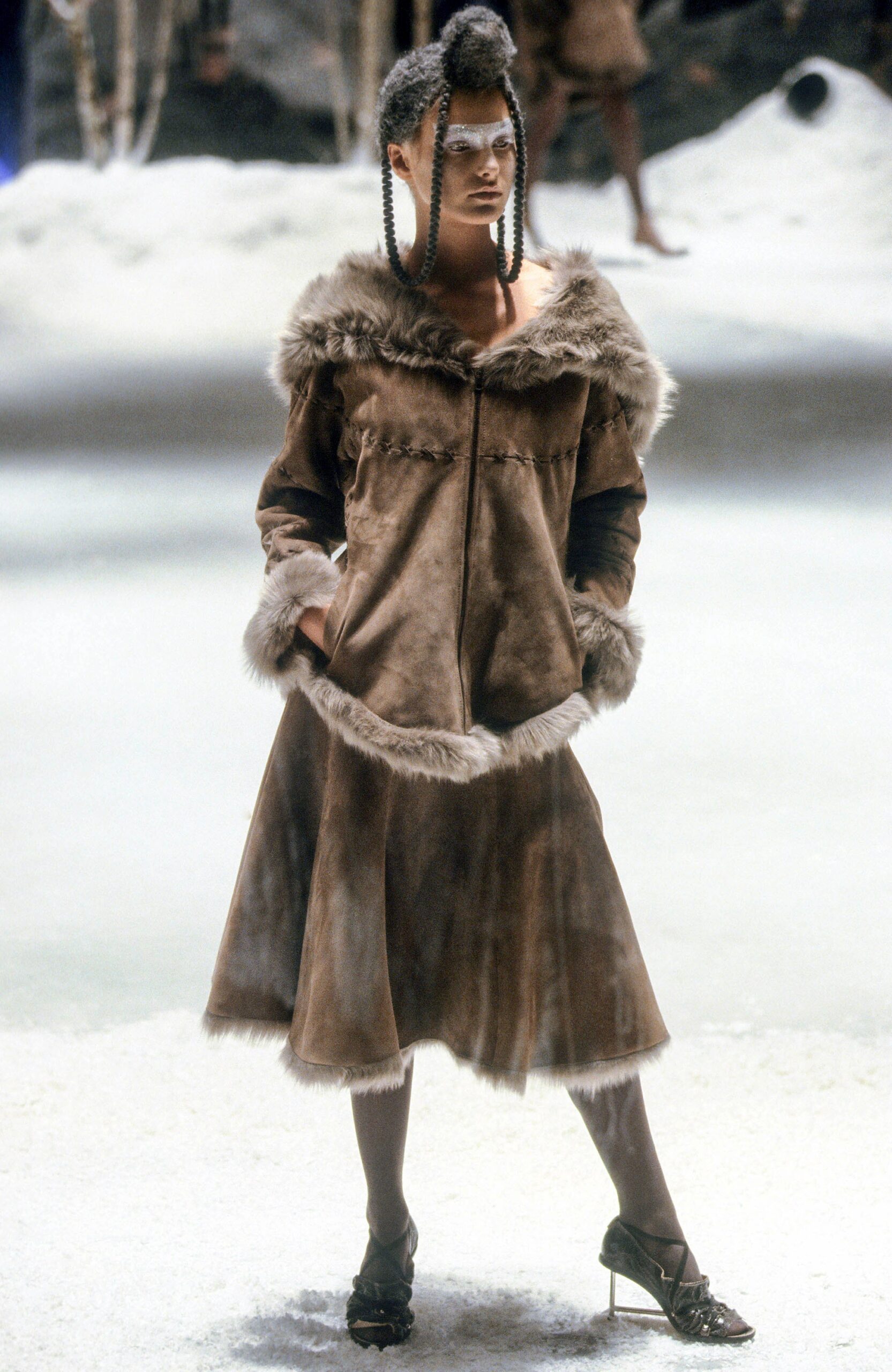 brown fur relaxed coat with heels