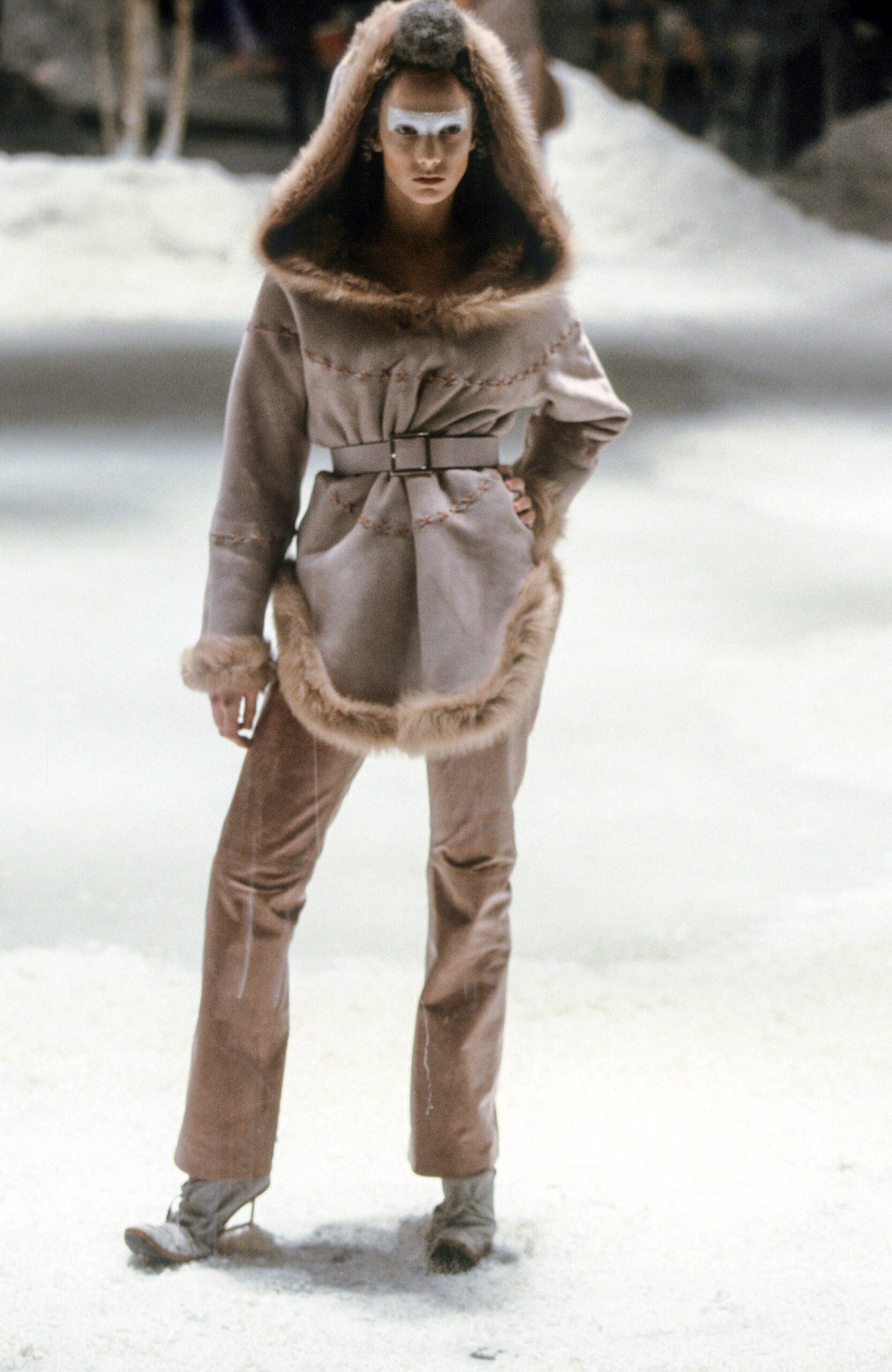 beige faux-fur jacket and pants