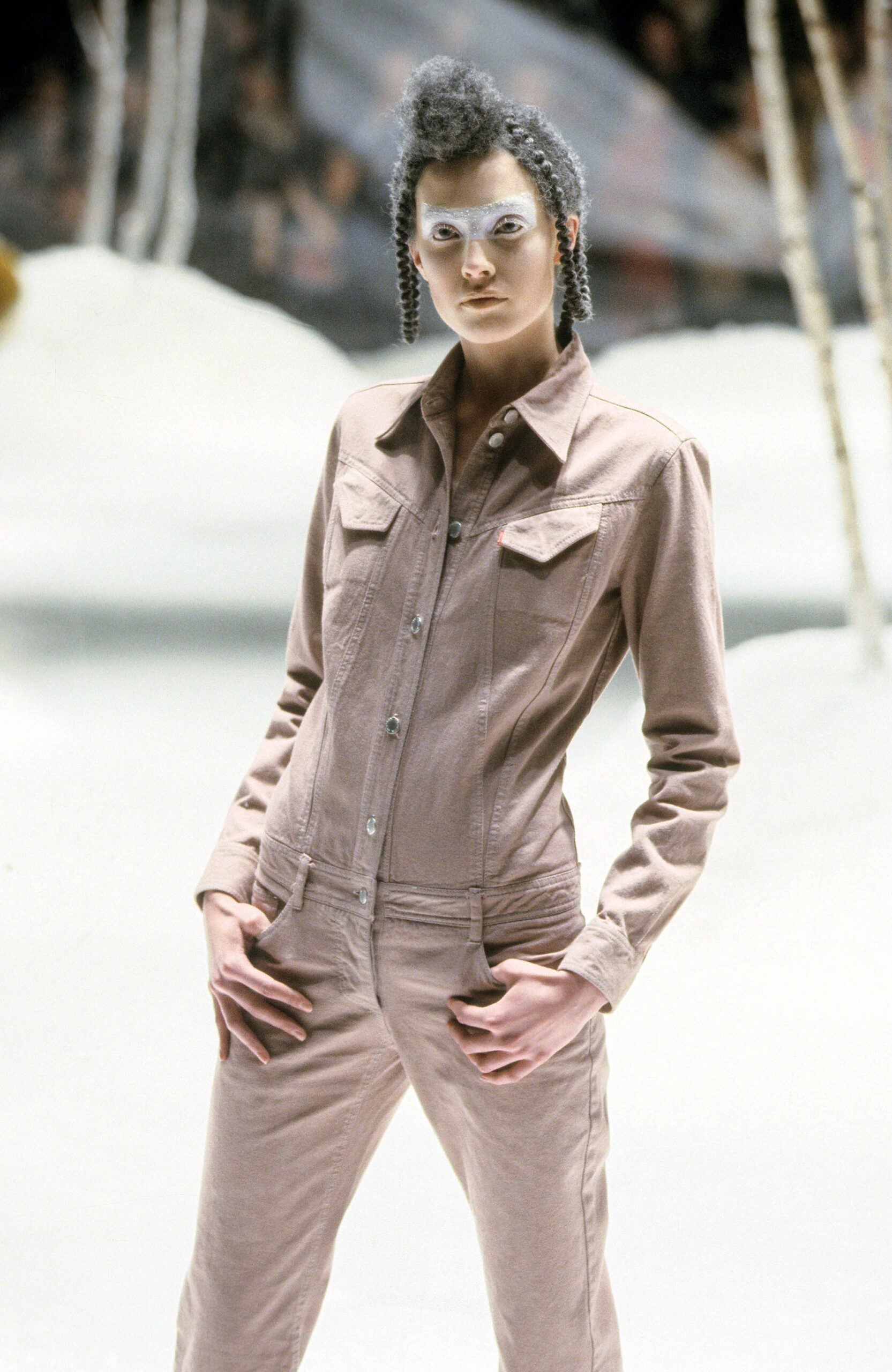 beige fitted denim jumpsuit
