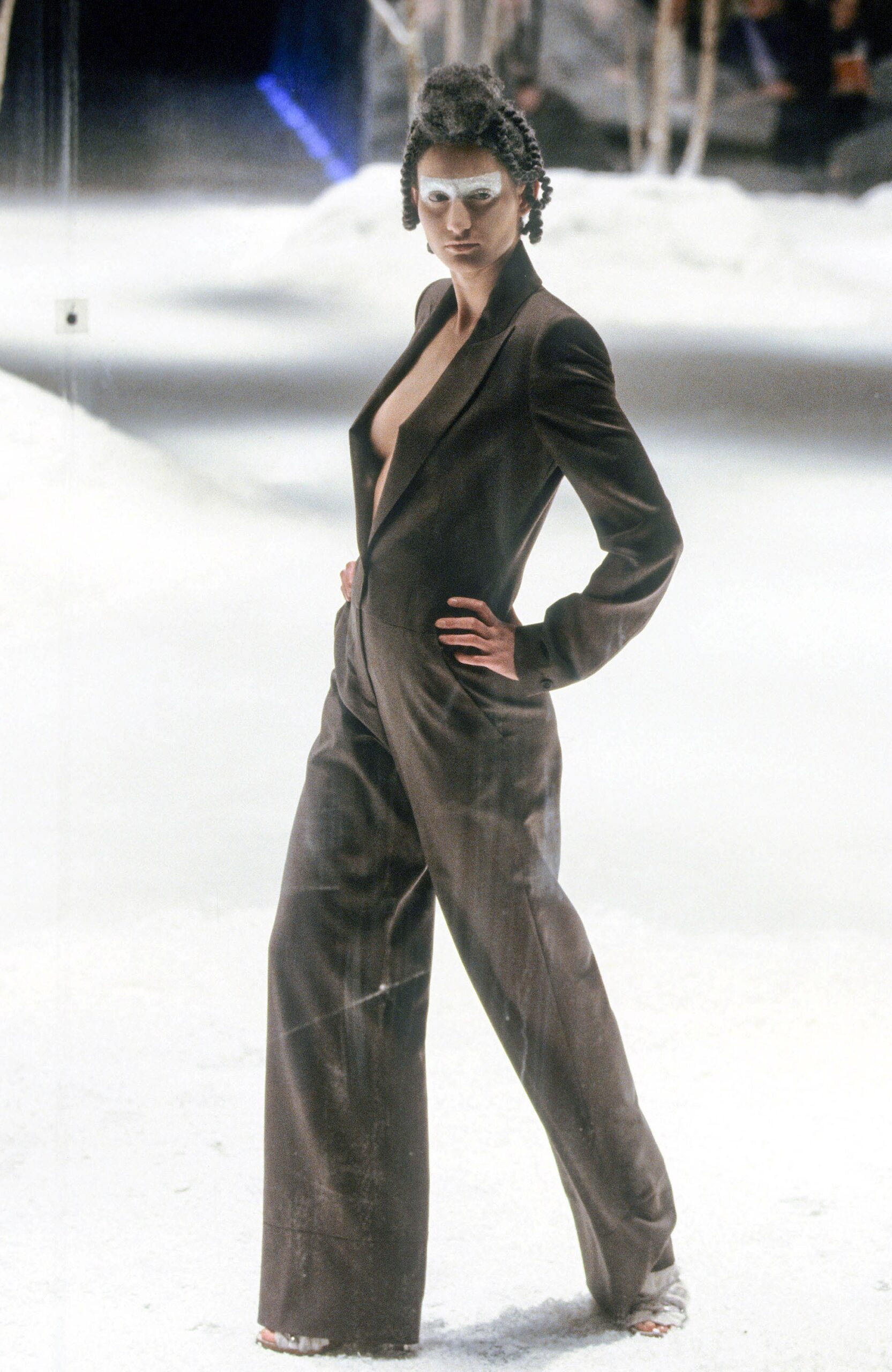 brown tailored silk suit