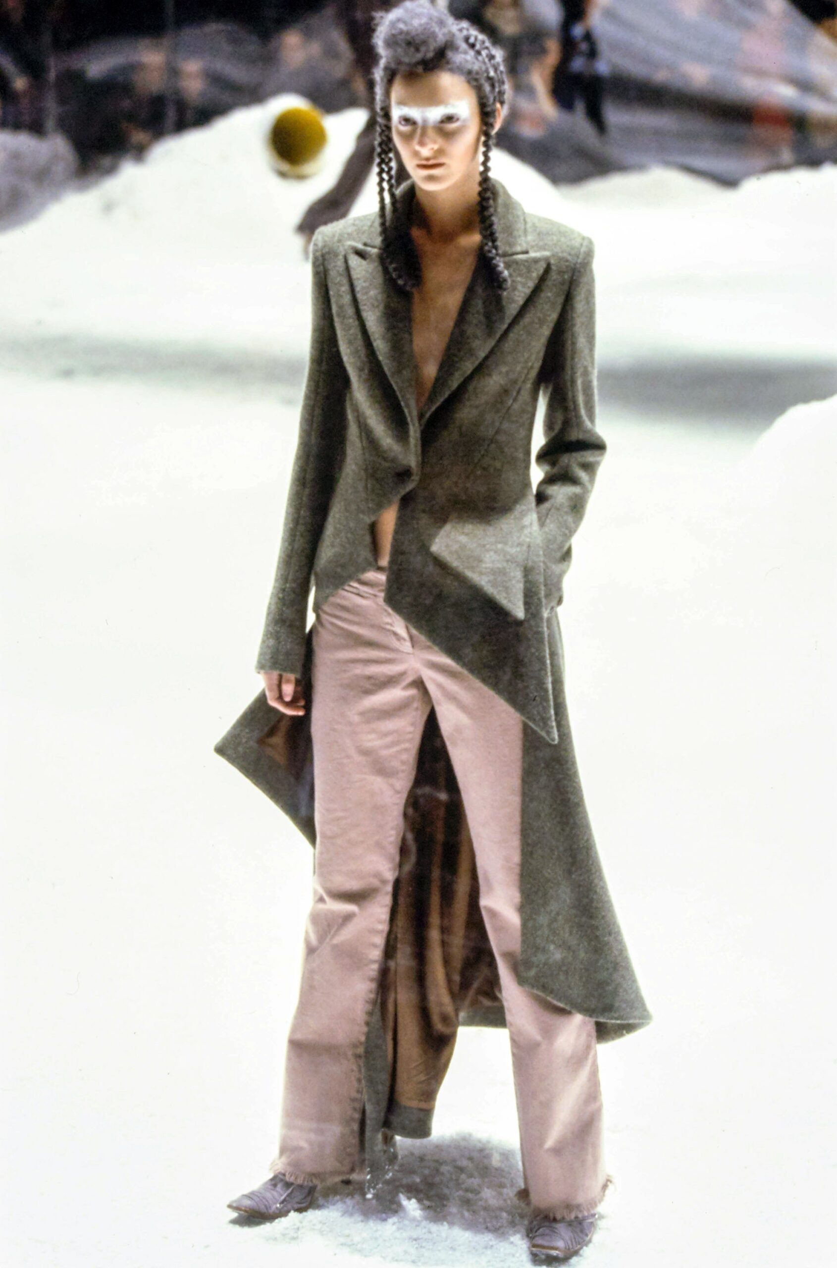 gray wool asymmetric coat and pink pants