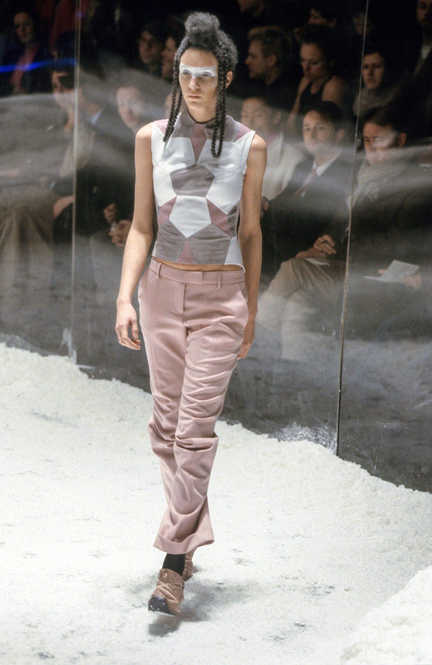 fitted geometric top with tailored pants