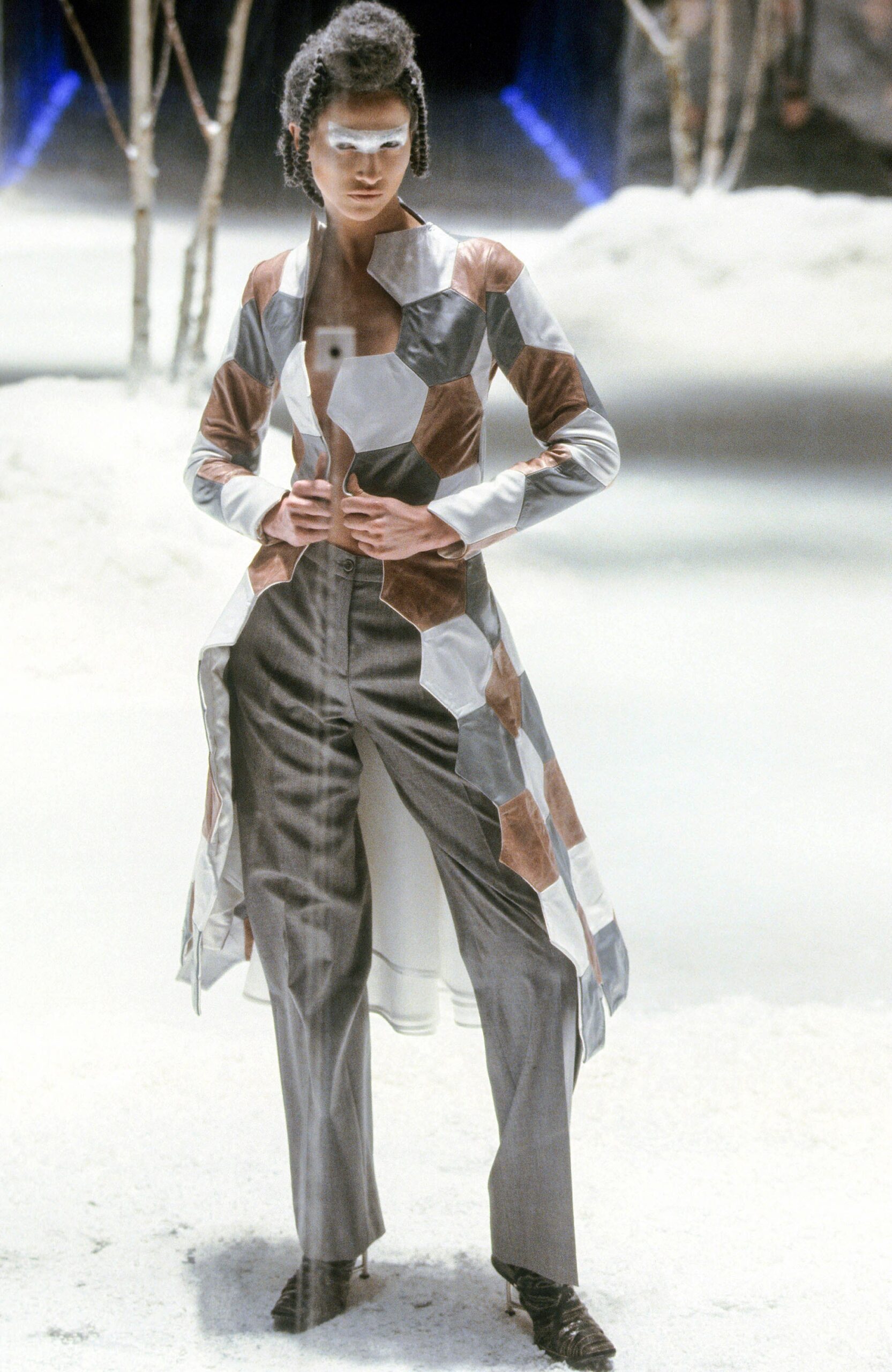 color-blocked silk coat and tailored pants