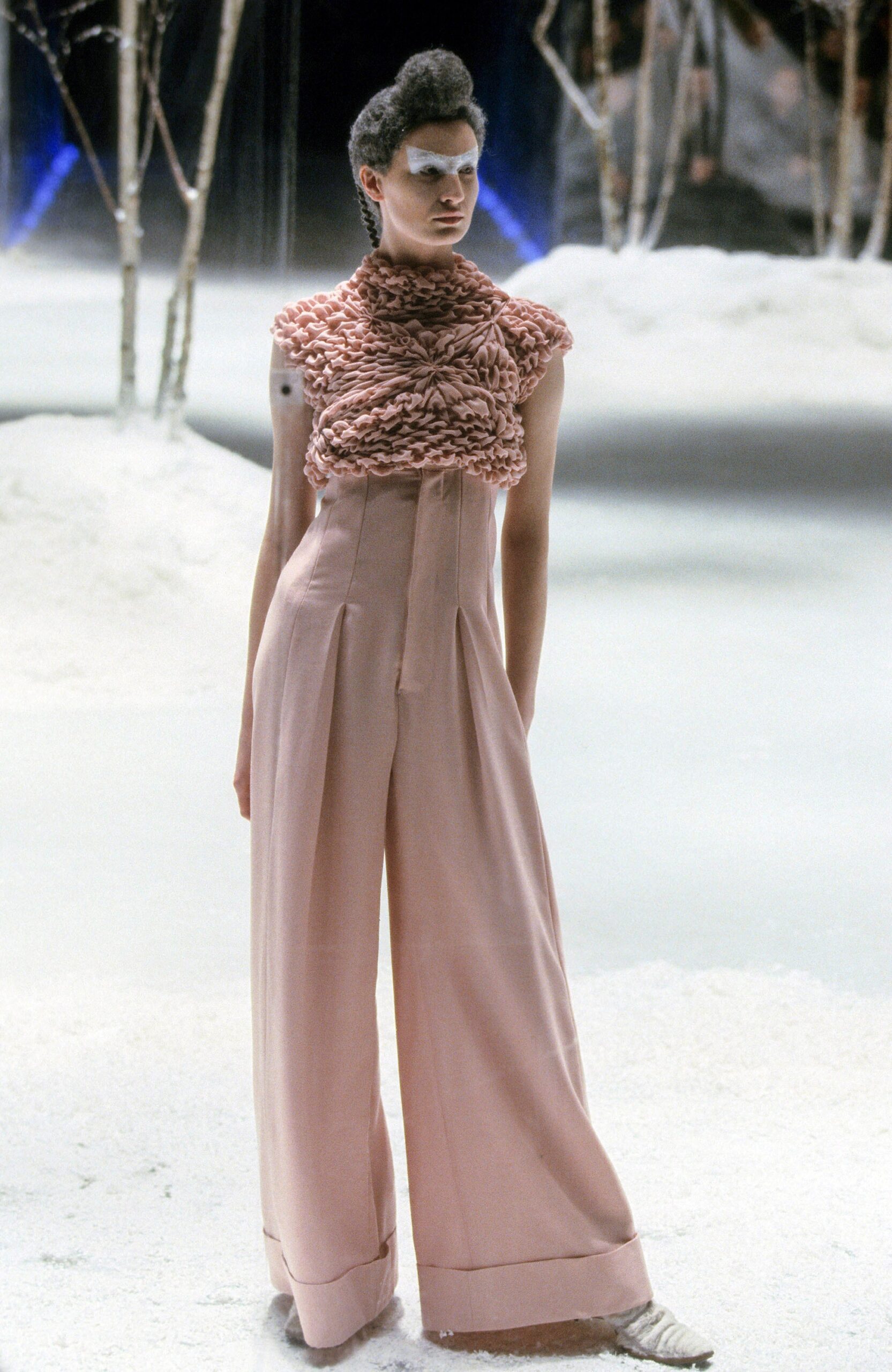 pink ruched top and wide-leg pants