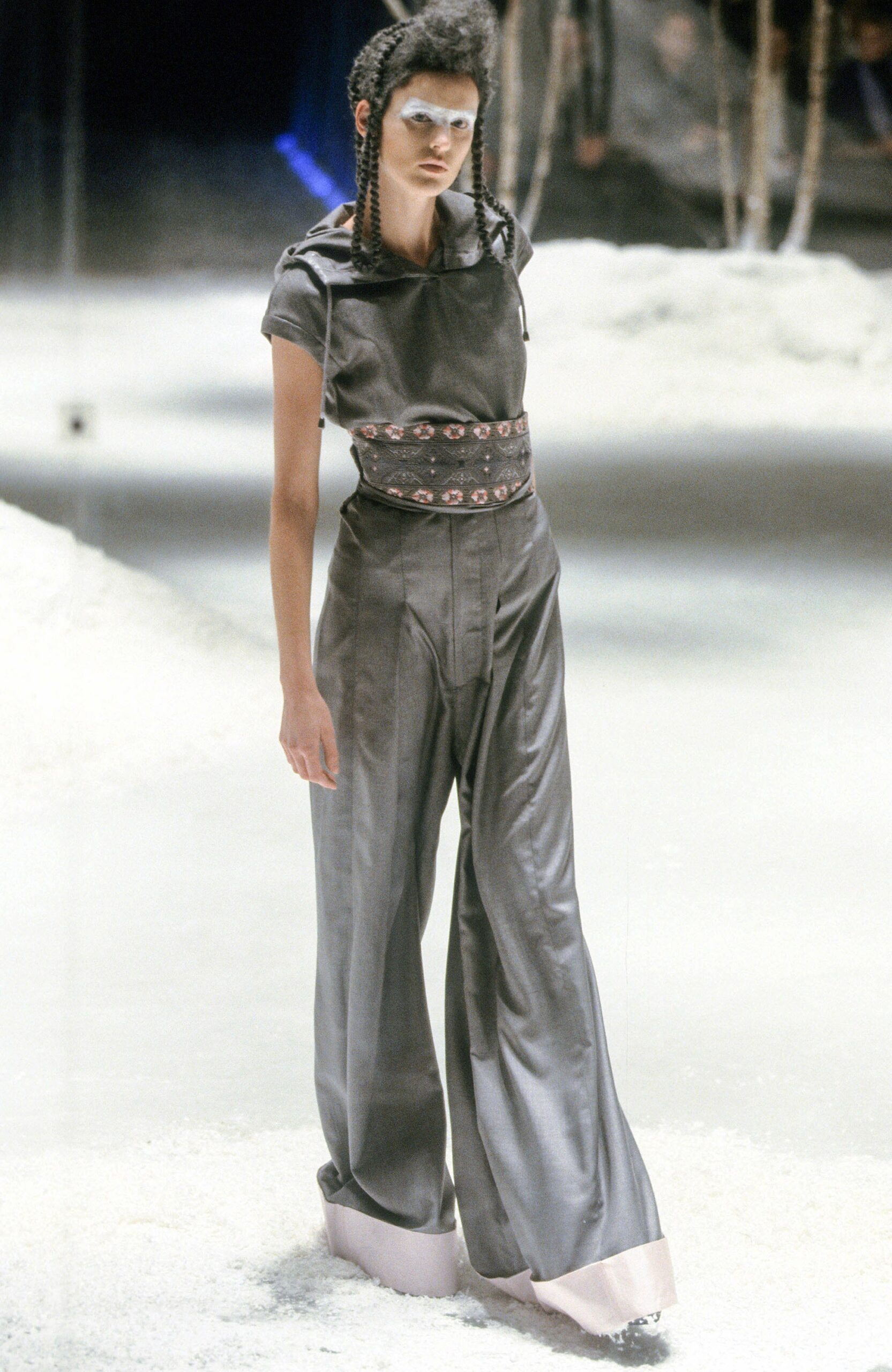 gray silk high-waisted pants and fitted top