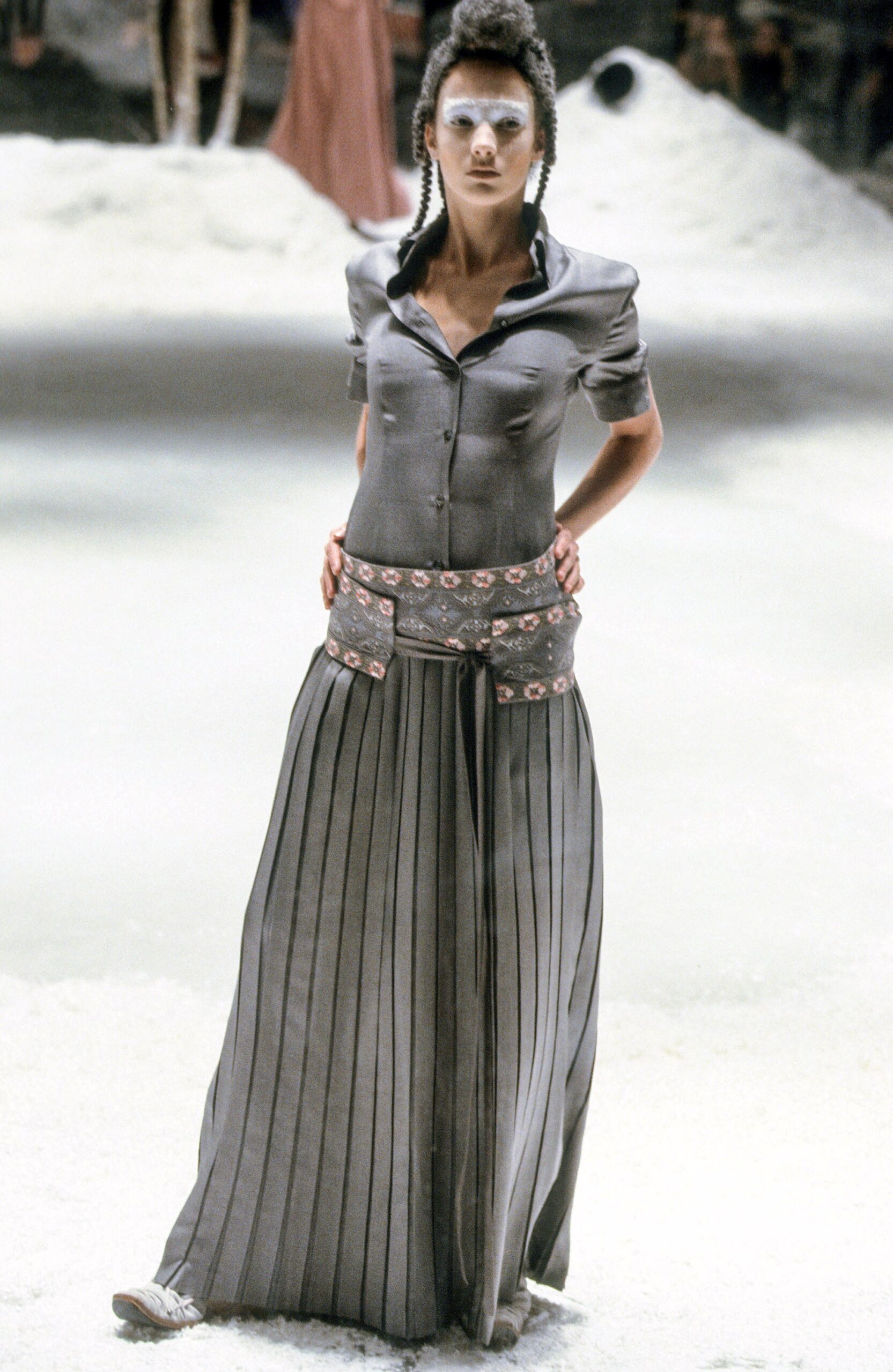 gray silk shirt-dress with embroidered belt