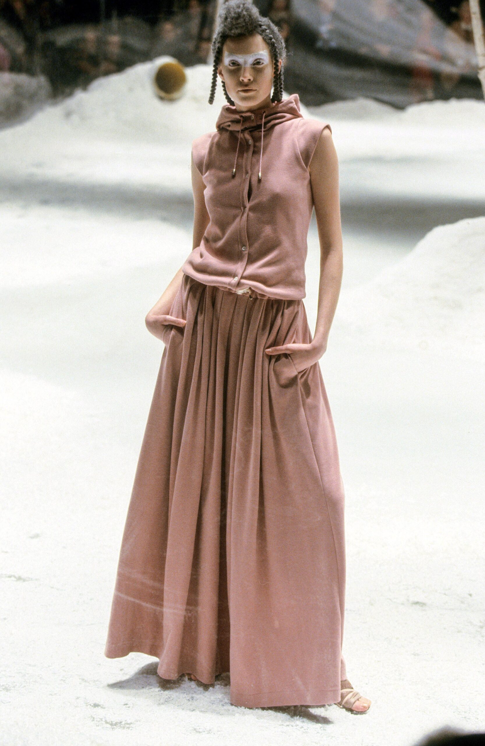pink relaxed top and pleated maxi skirt