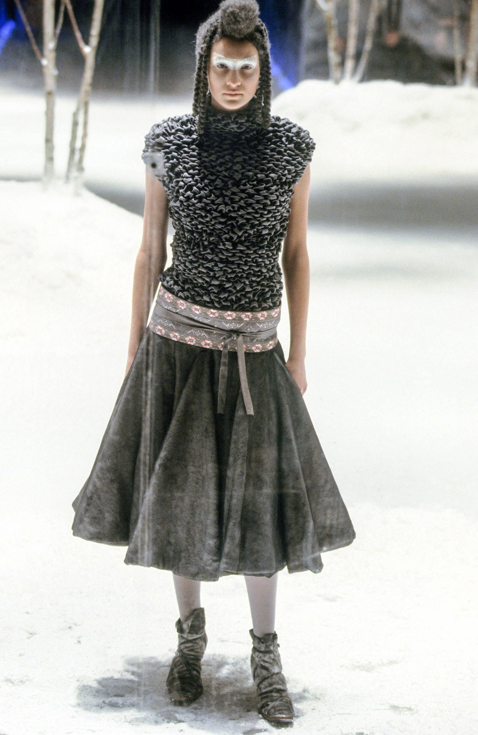 black wool fitted top with gray skirt