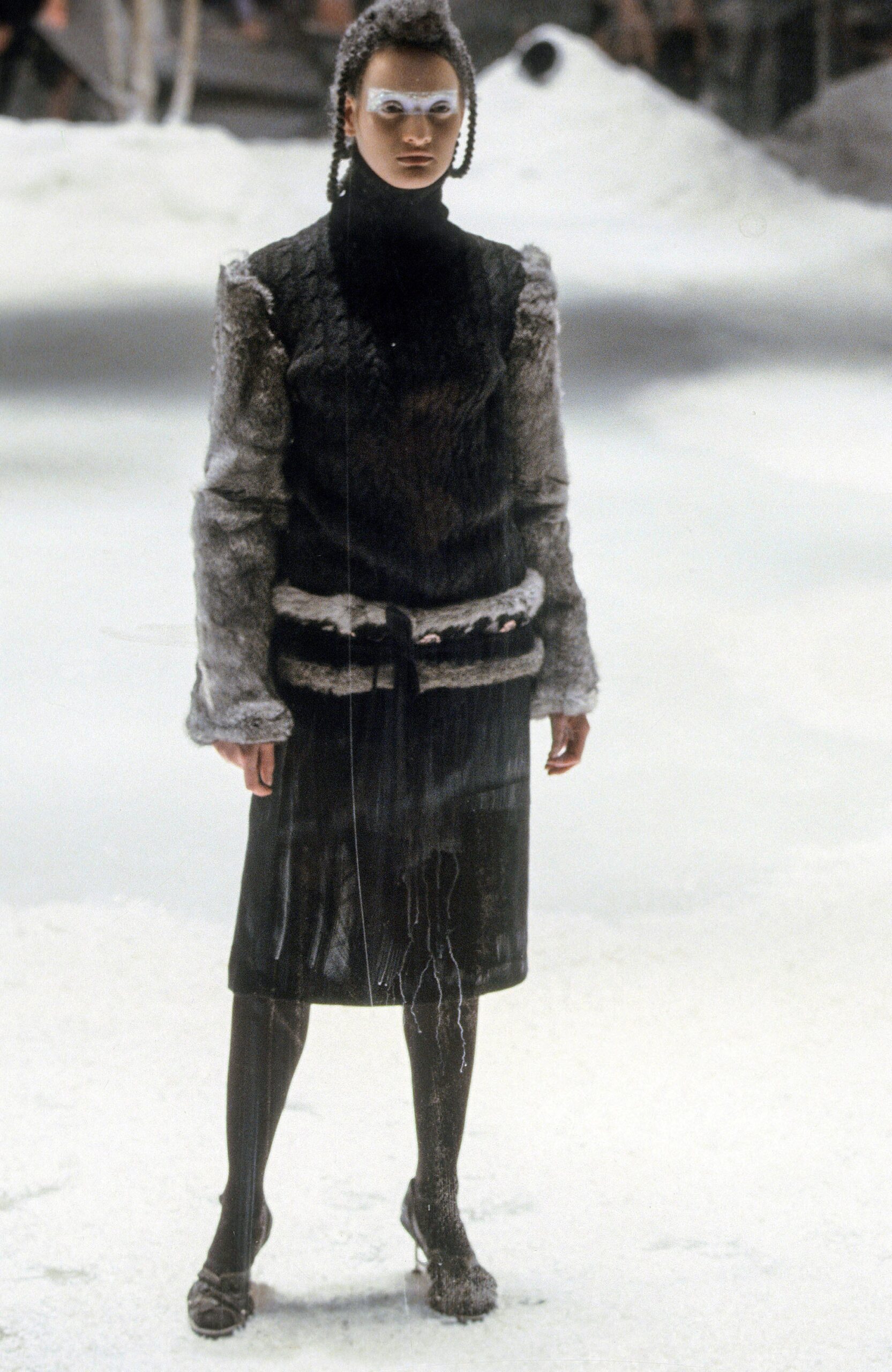 black leather midi dress and gray faux-fur coat