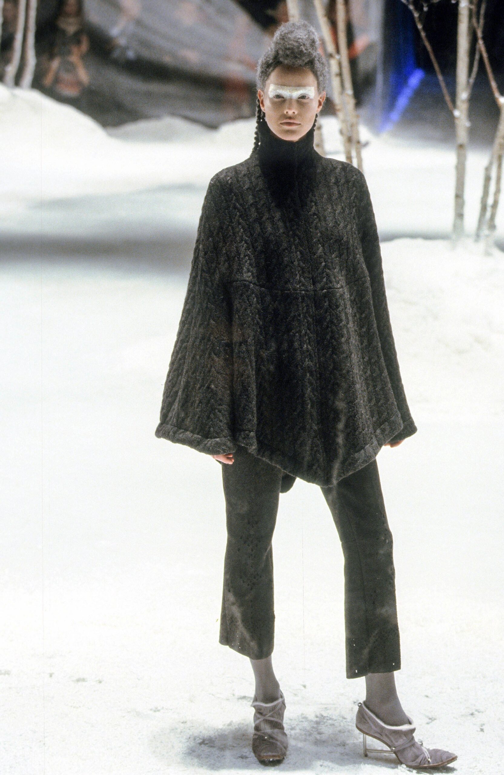 black wool poncho with velvet pants