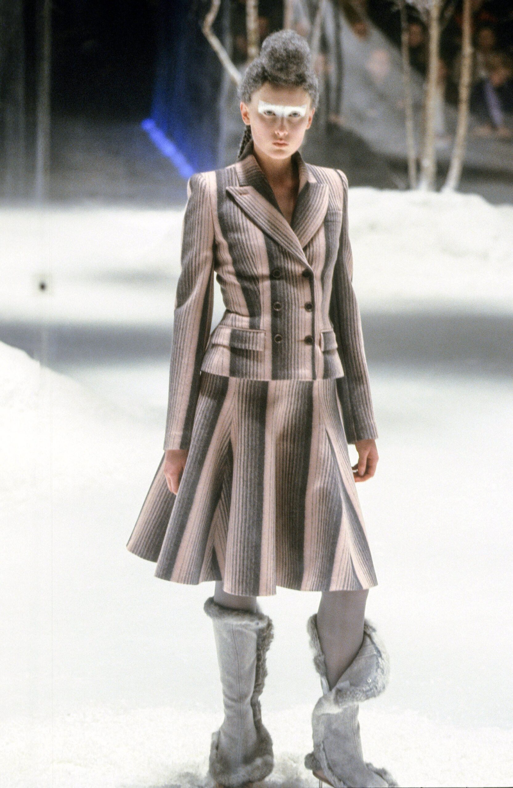 pink and beige striped suit