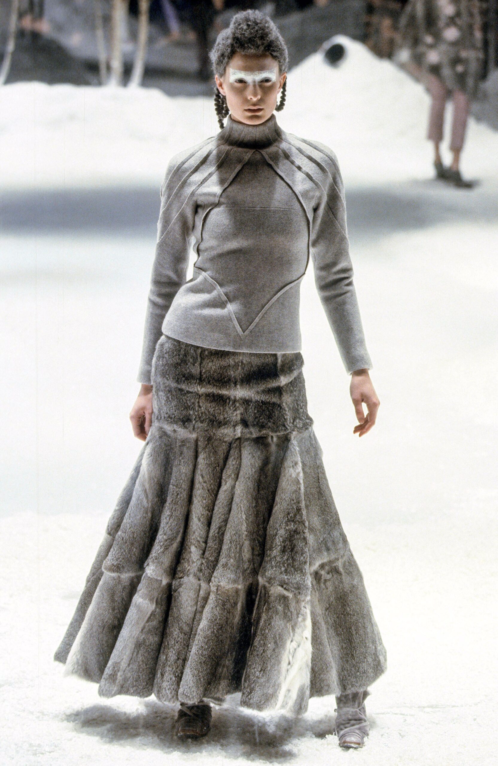 fitted gray wool top and fur skirt