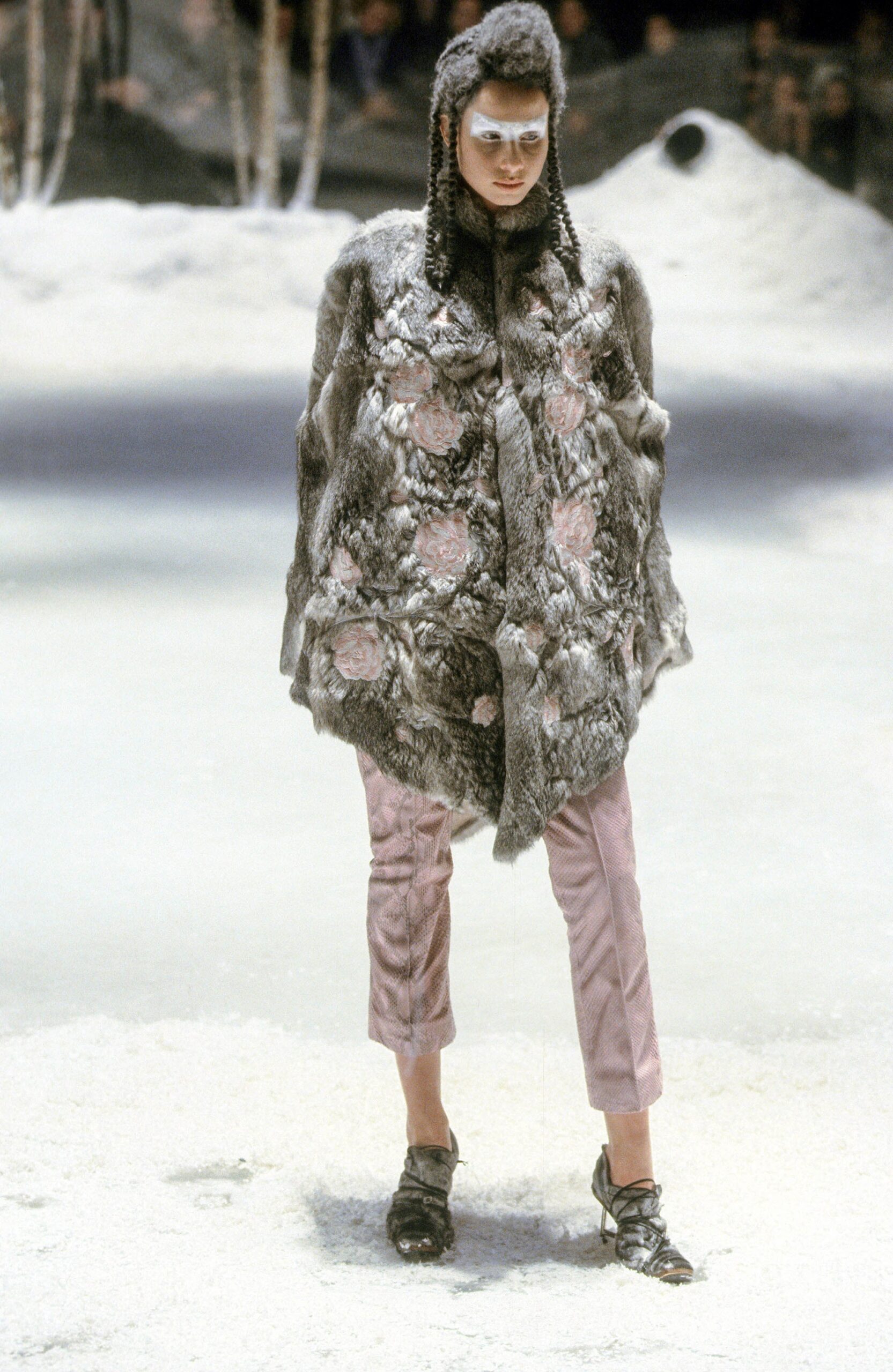 gray fur poncho with pink pants