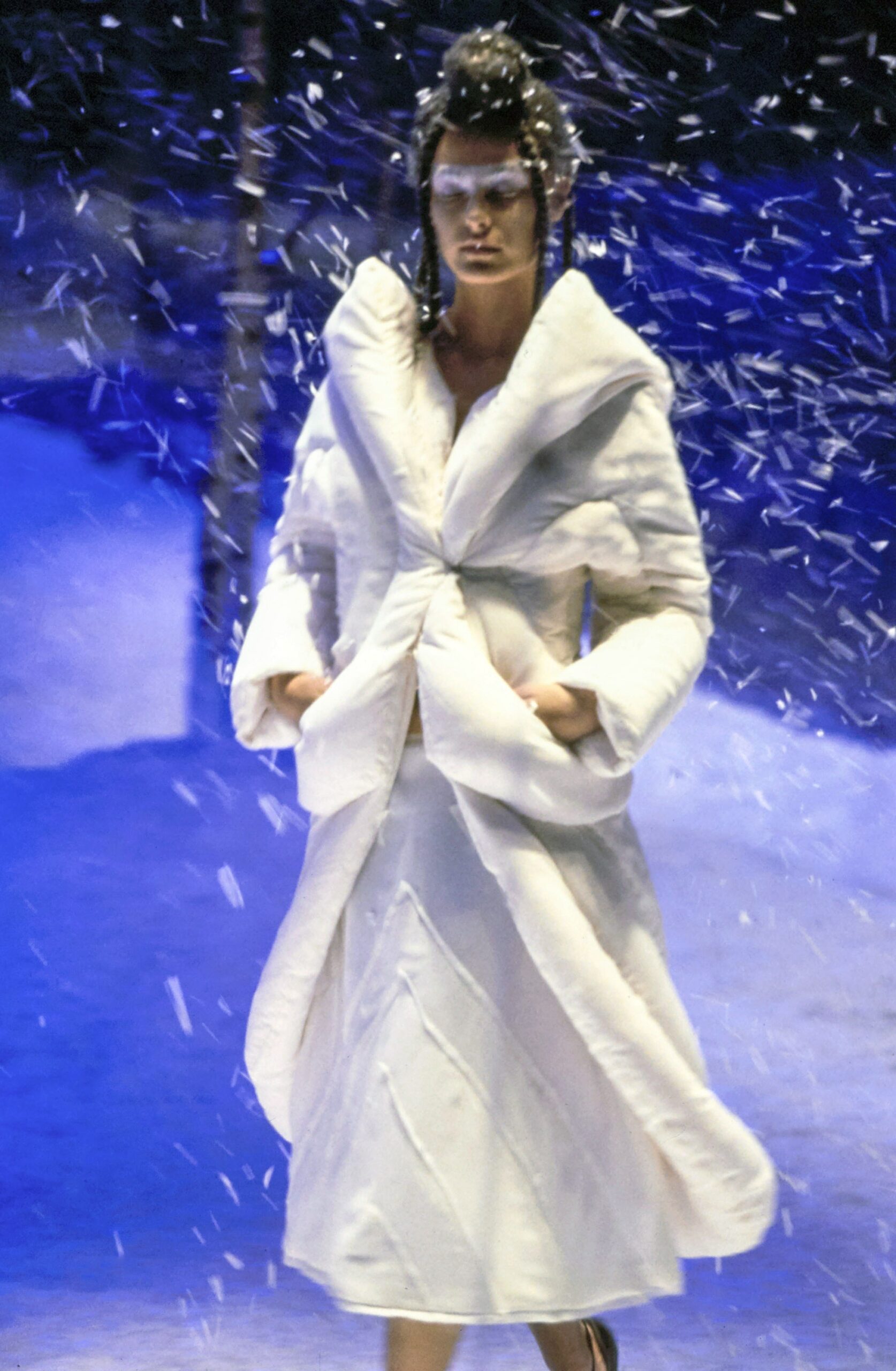 white fur coat and dress