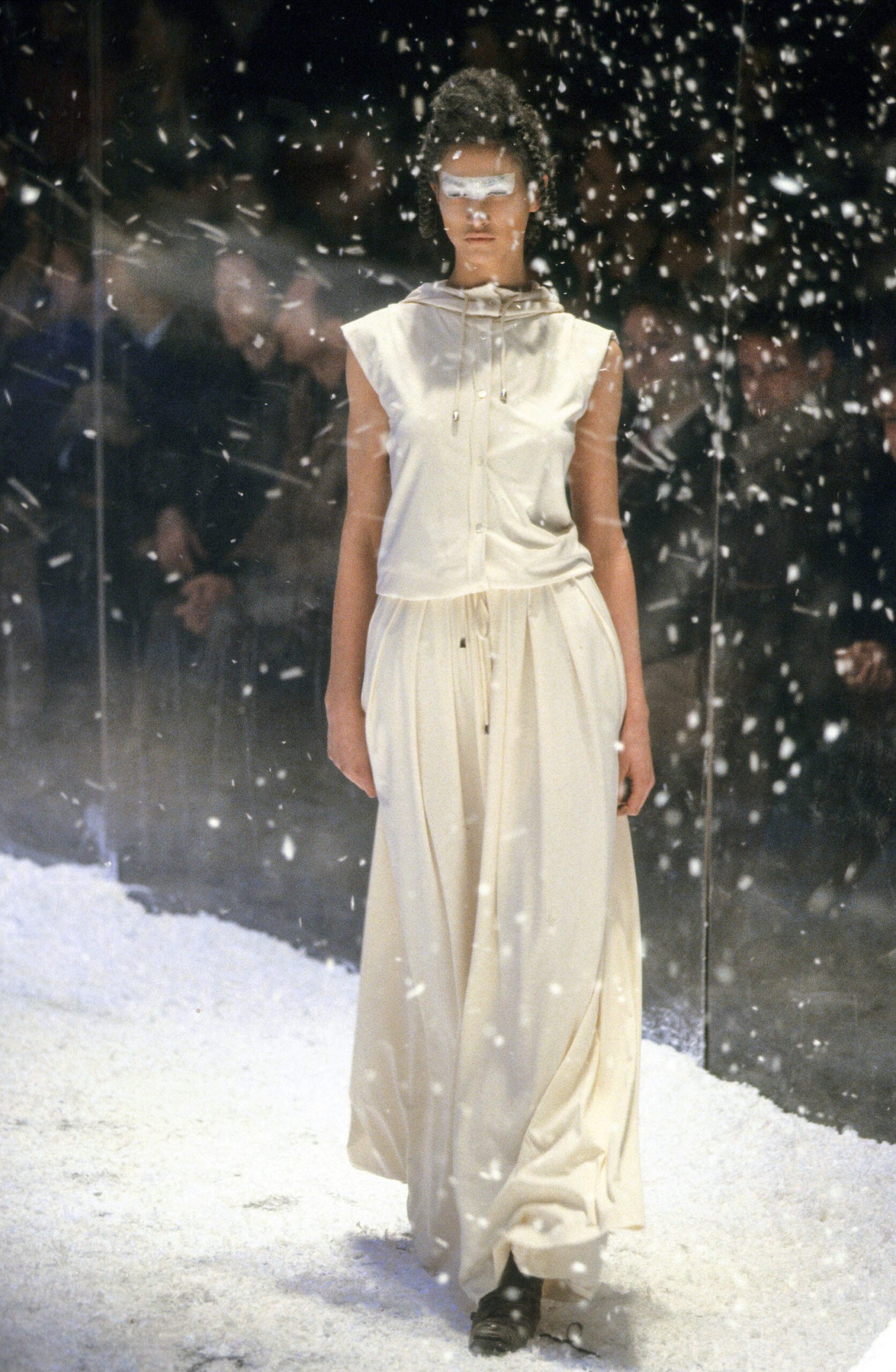 white silk fitted top and midi skirt