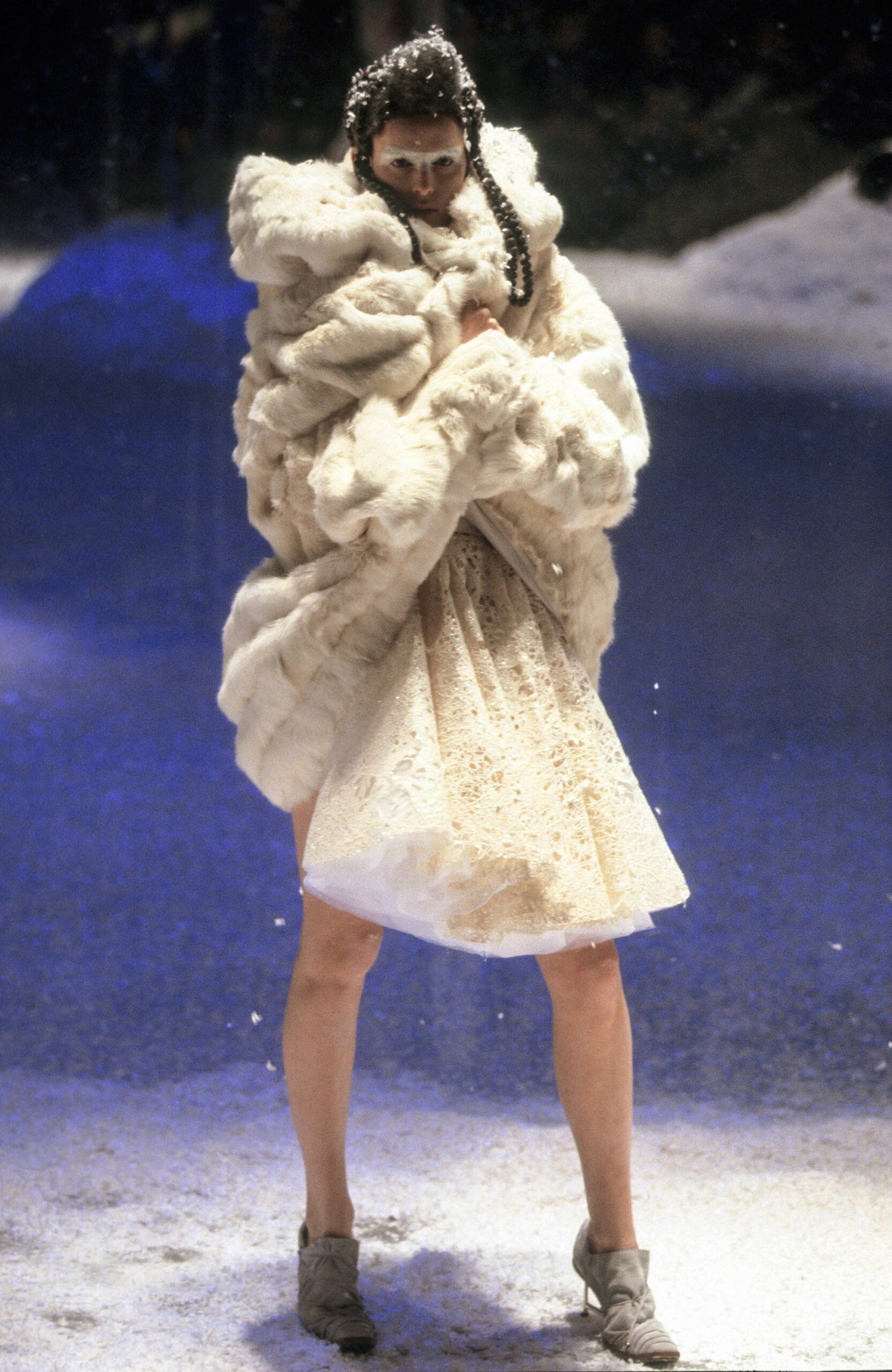 oversized white fur coat and mini silk dress