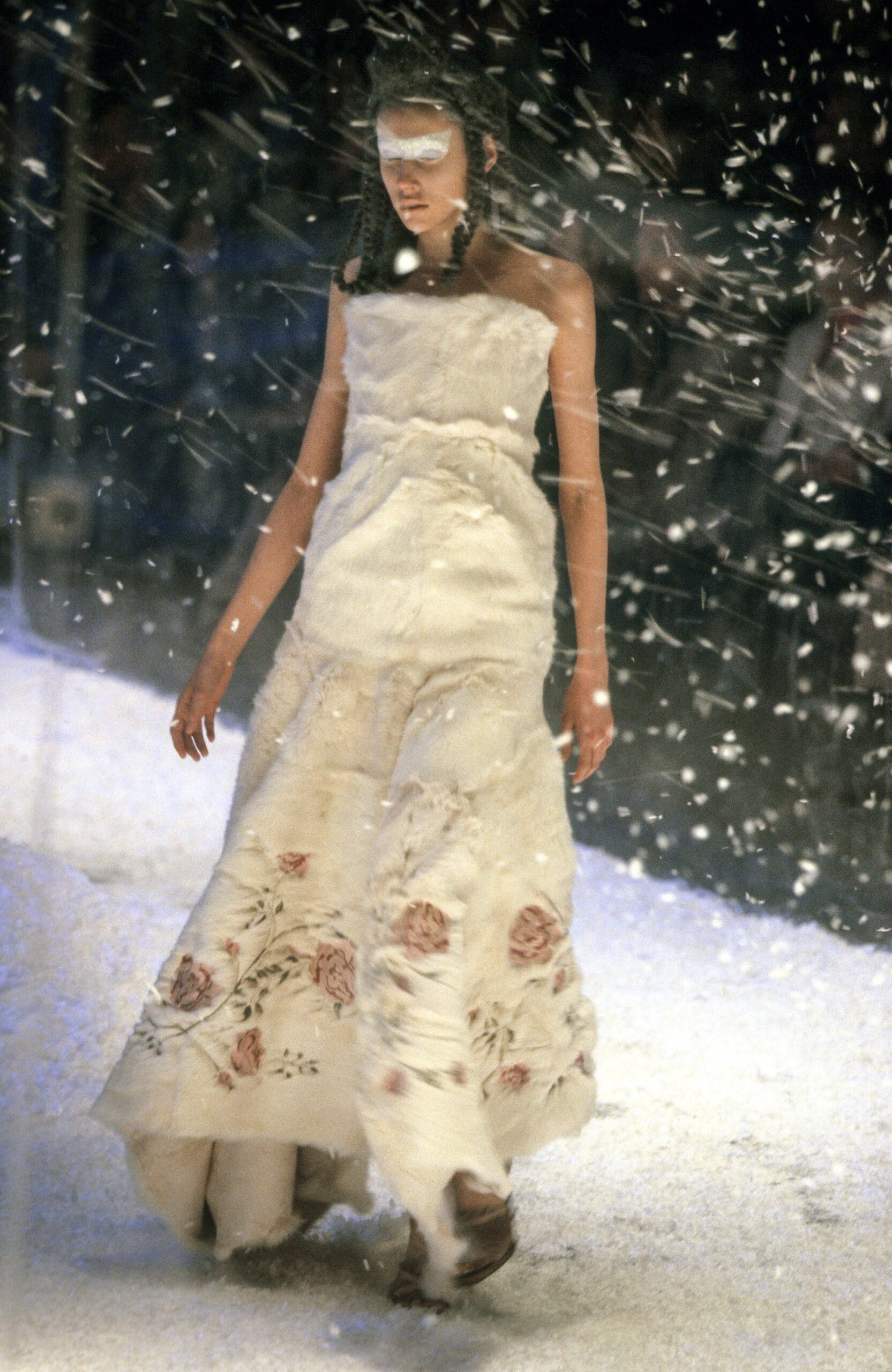 white fur embroidered dress