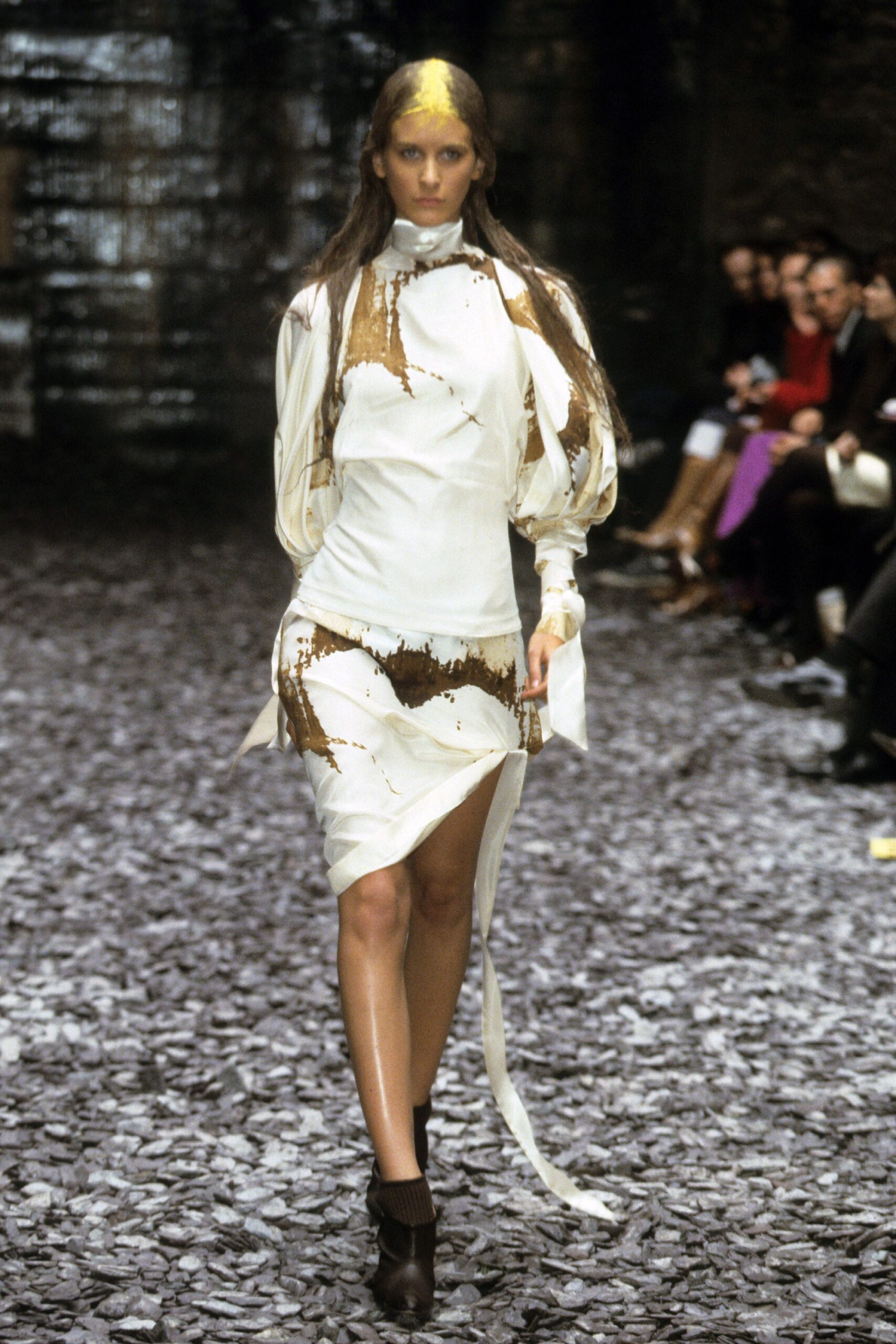 white and brown draped midi dress