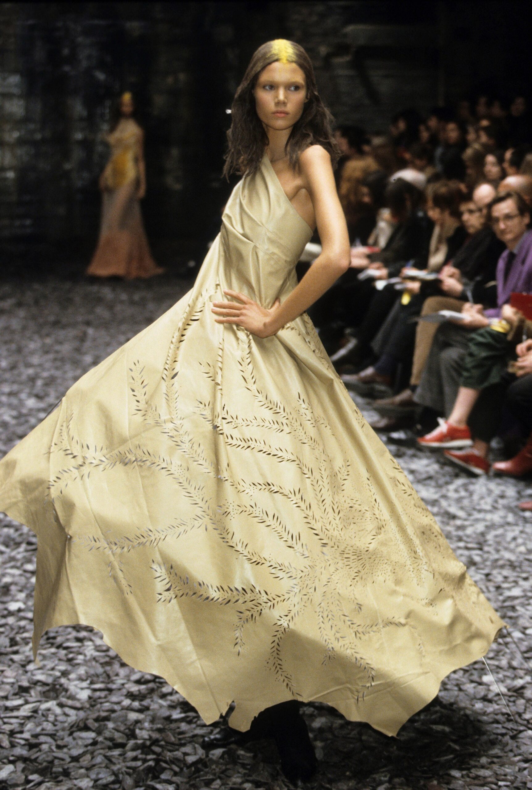 beige silk sleeveless gown