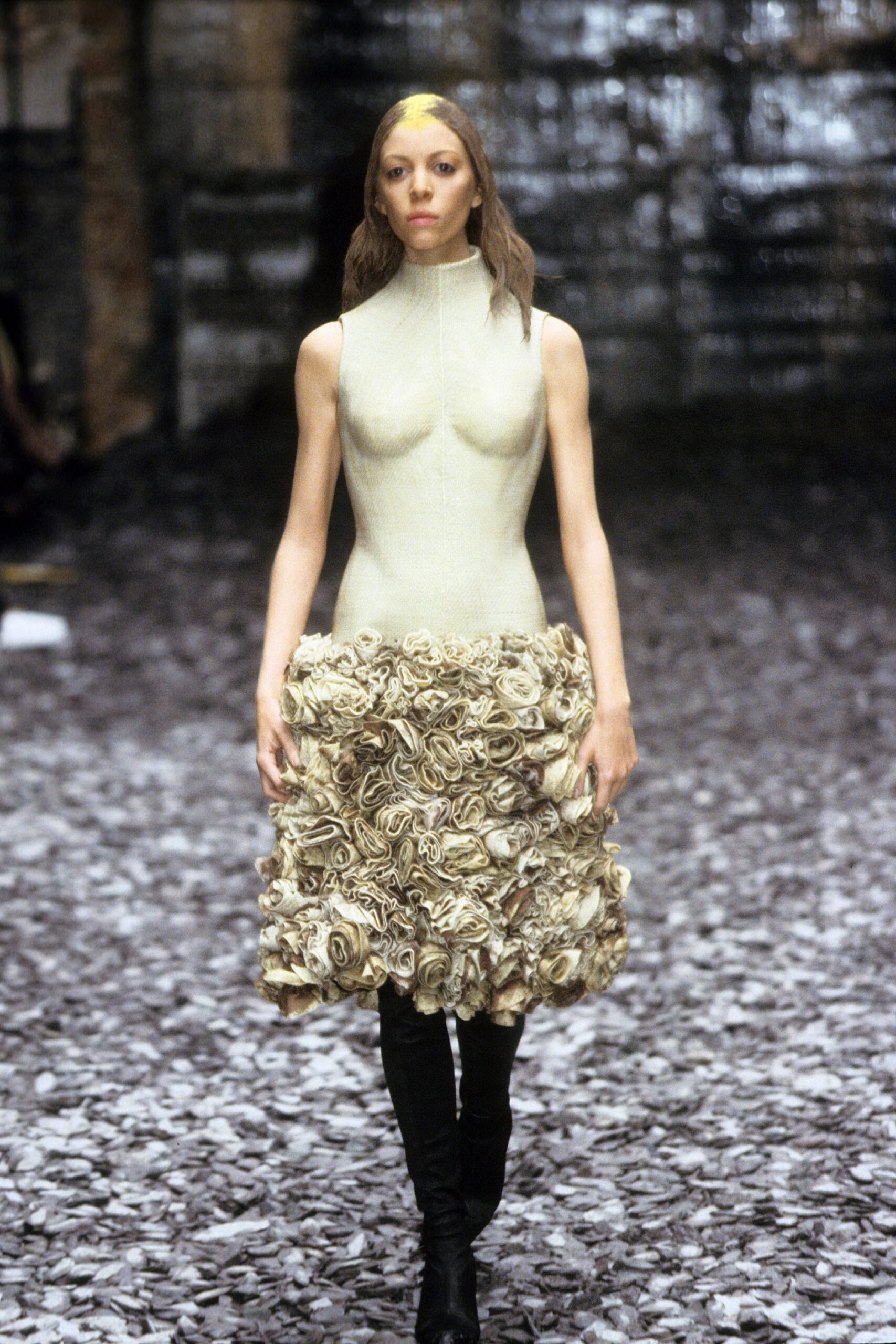 beige gold ruffled midi dress