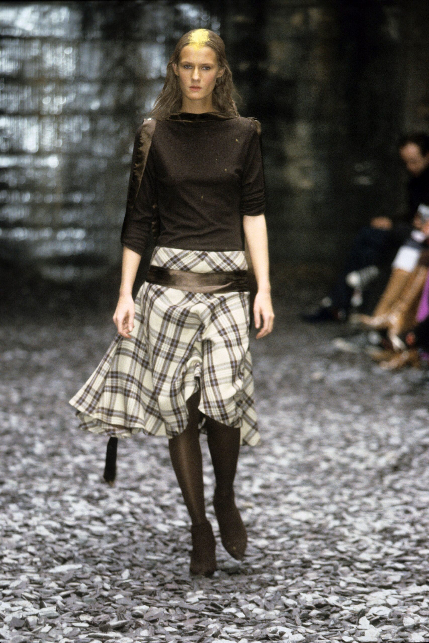 beige cotton relaxed checked pleated midi skirt