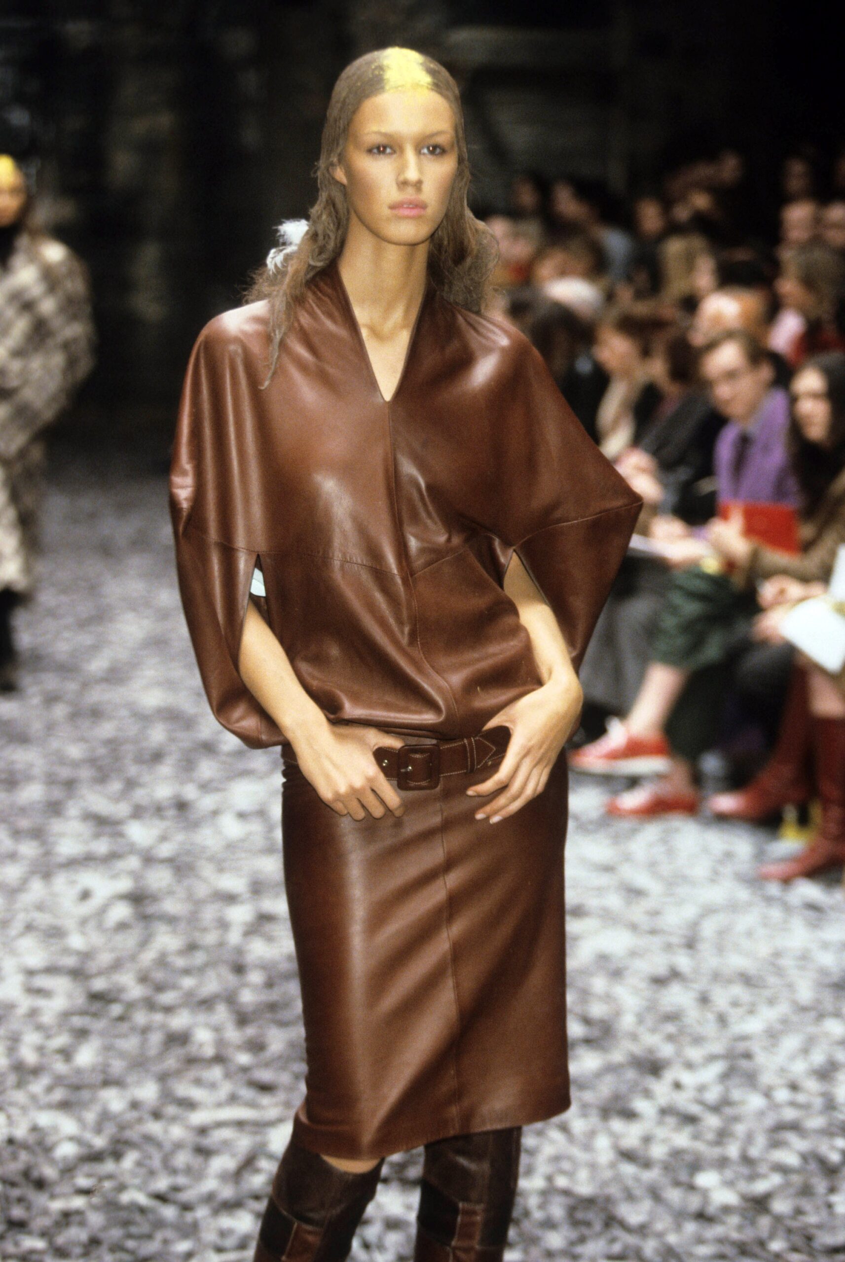 brown leather sleeveless dress
