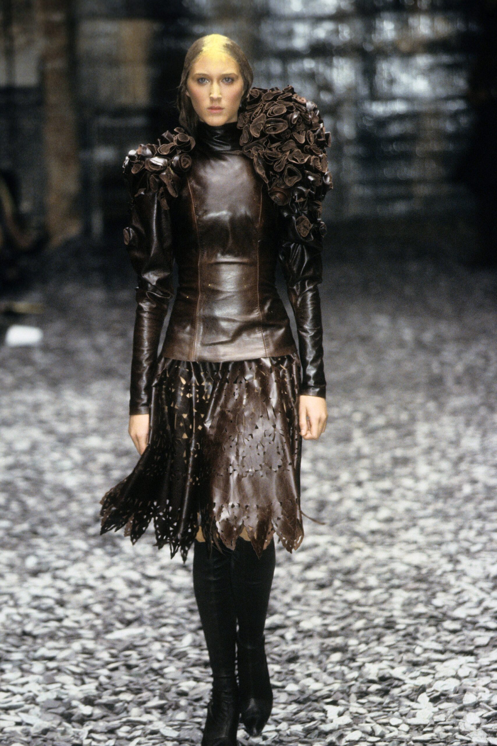 brown leather long-sleeve structured ruffled jacket