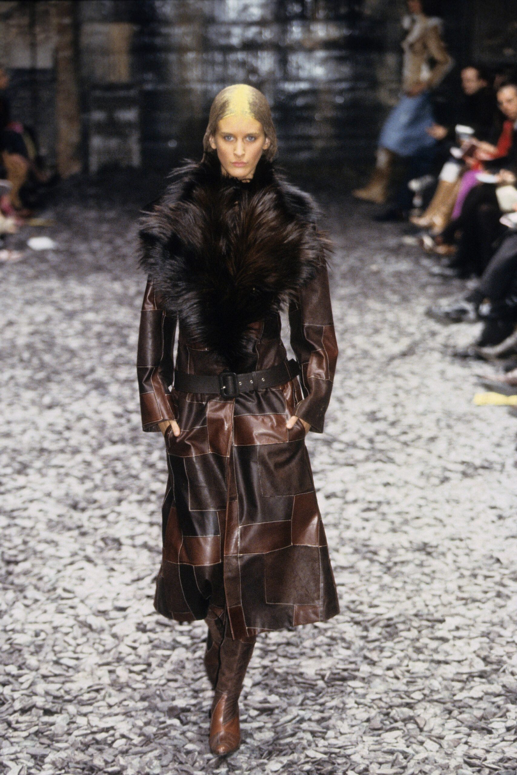 brown leather long-sleeve collared fitted belted pockets coat