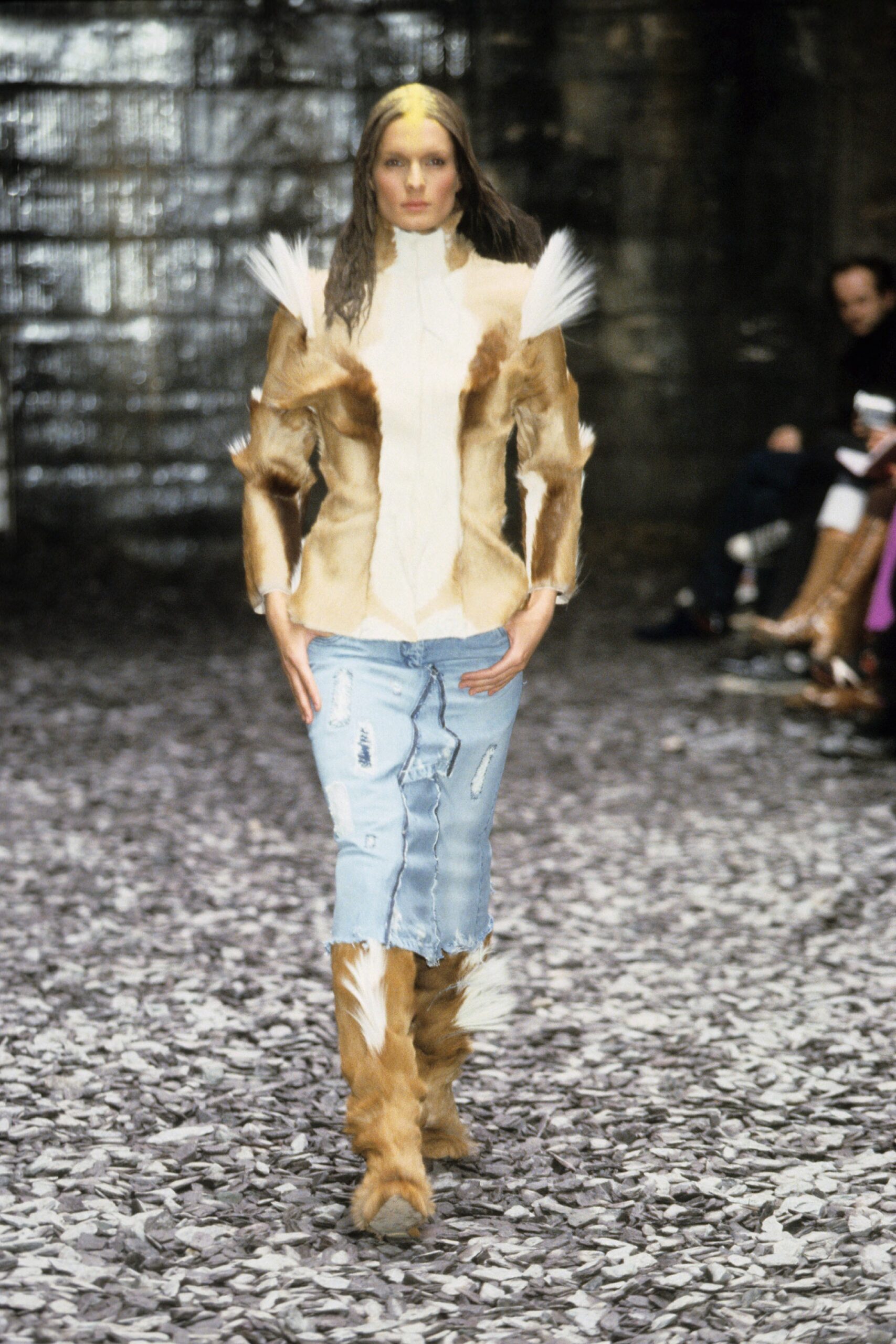 beige fur long-sleeve collared fitted layered jacket
