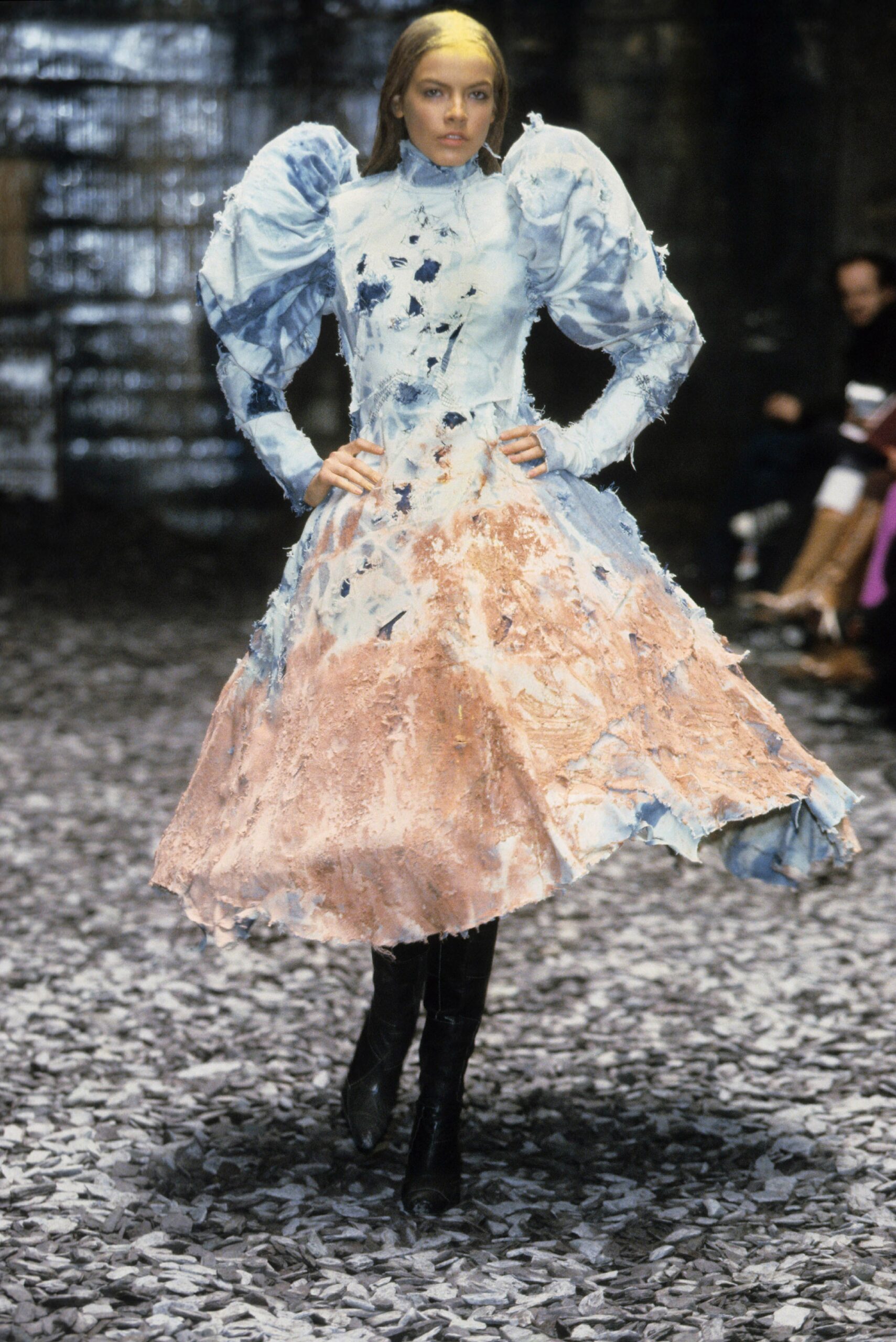 blue and pink pleated dress
