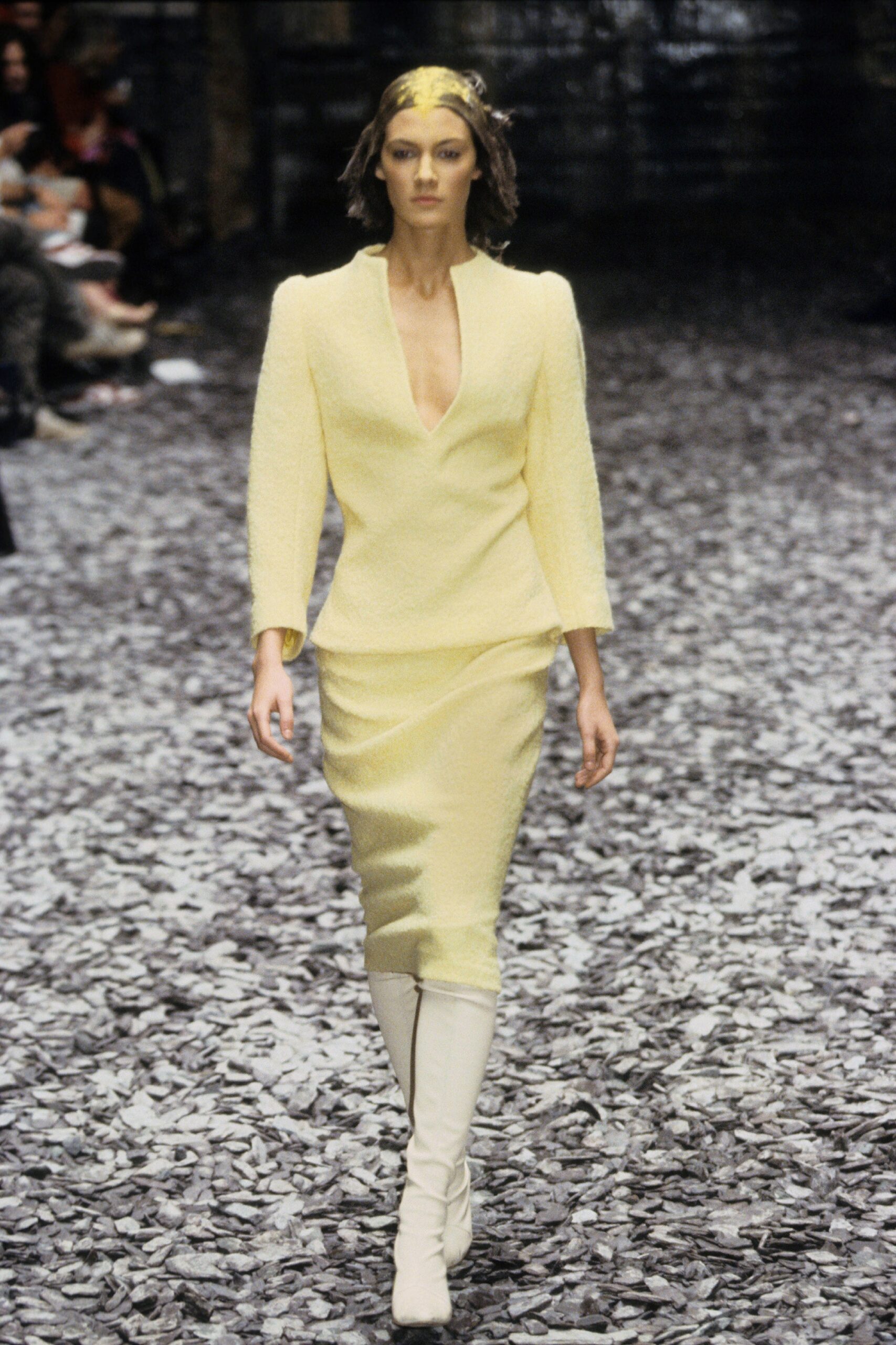 fitted yellow midi dress with white boots