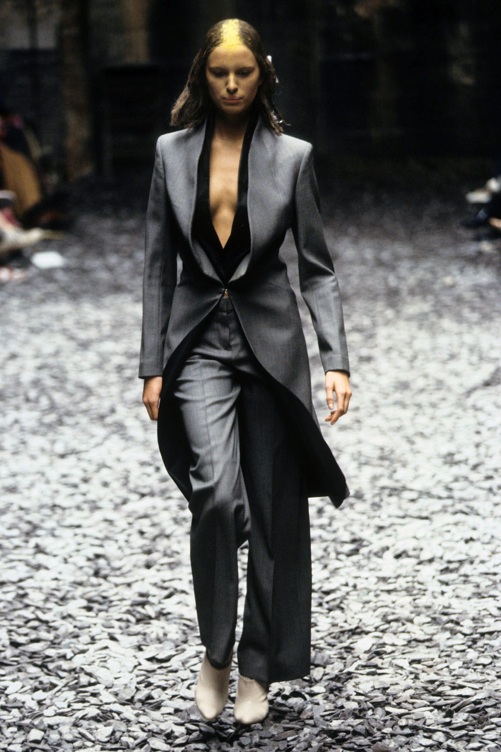 gray wool long-sleeve v-neck tailored structured suit