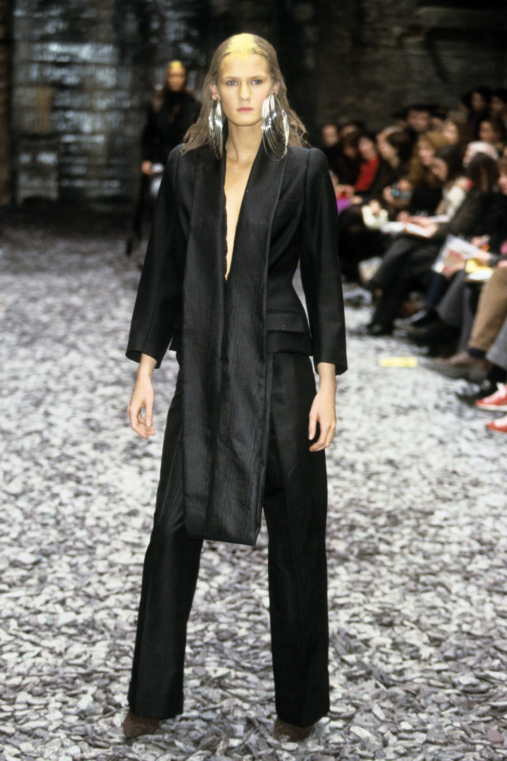 black silk long-sleeve v-neck fitted draped jacket
