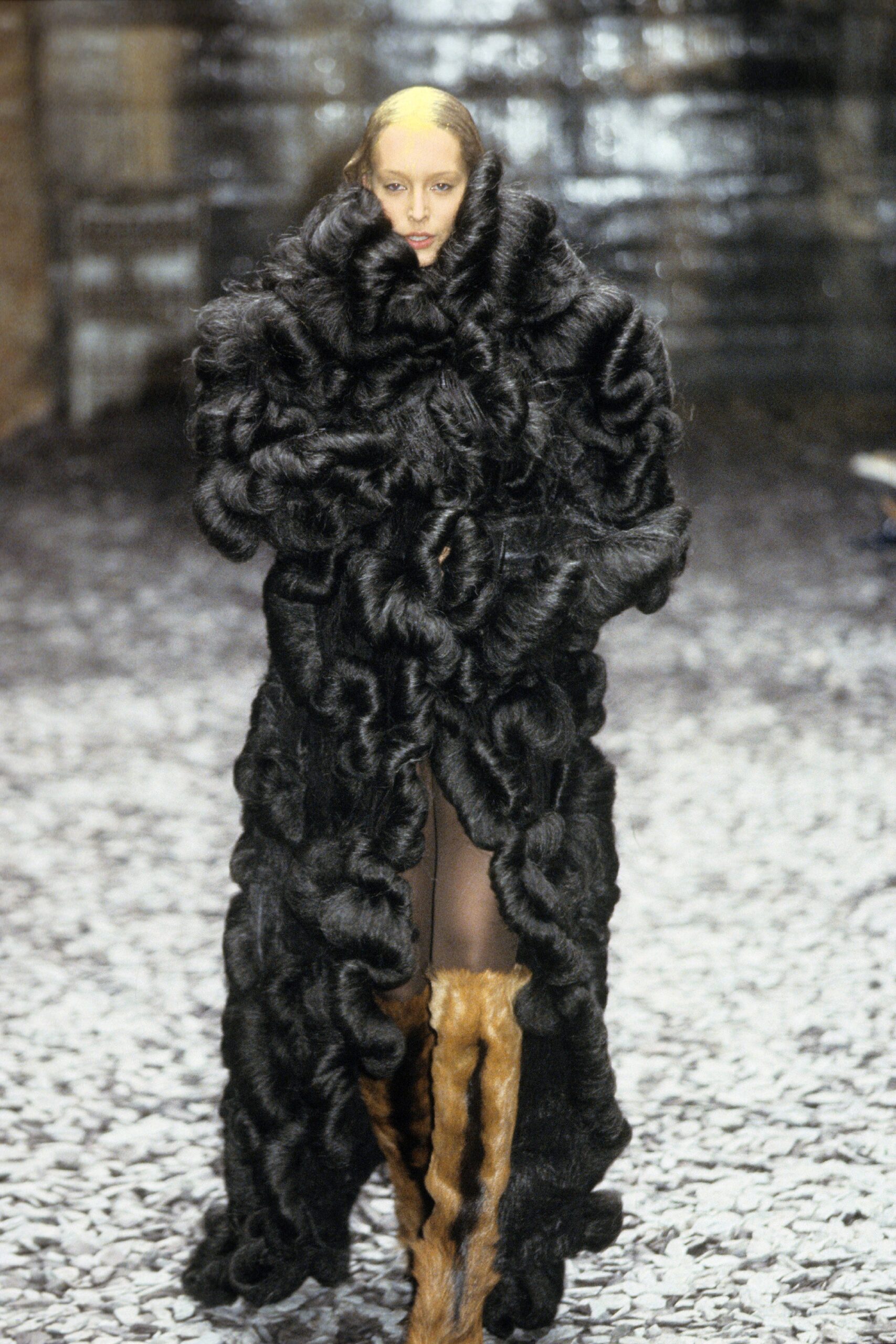 black fur oversized ruffled coat