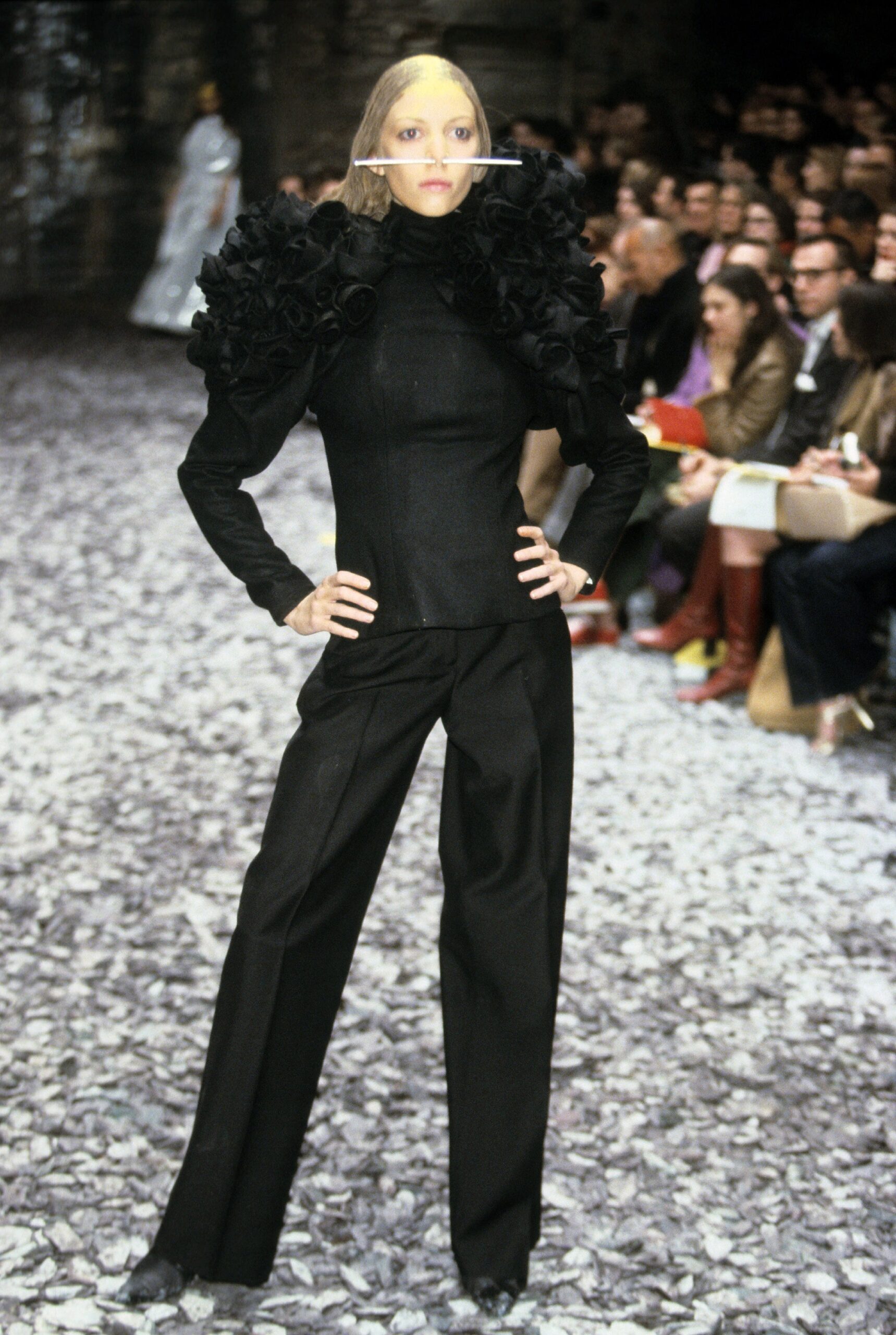black wool long-sleeve high-neck fitted ruffled top