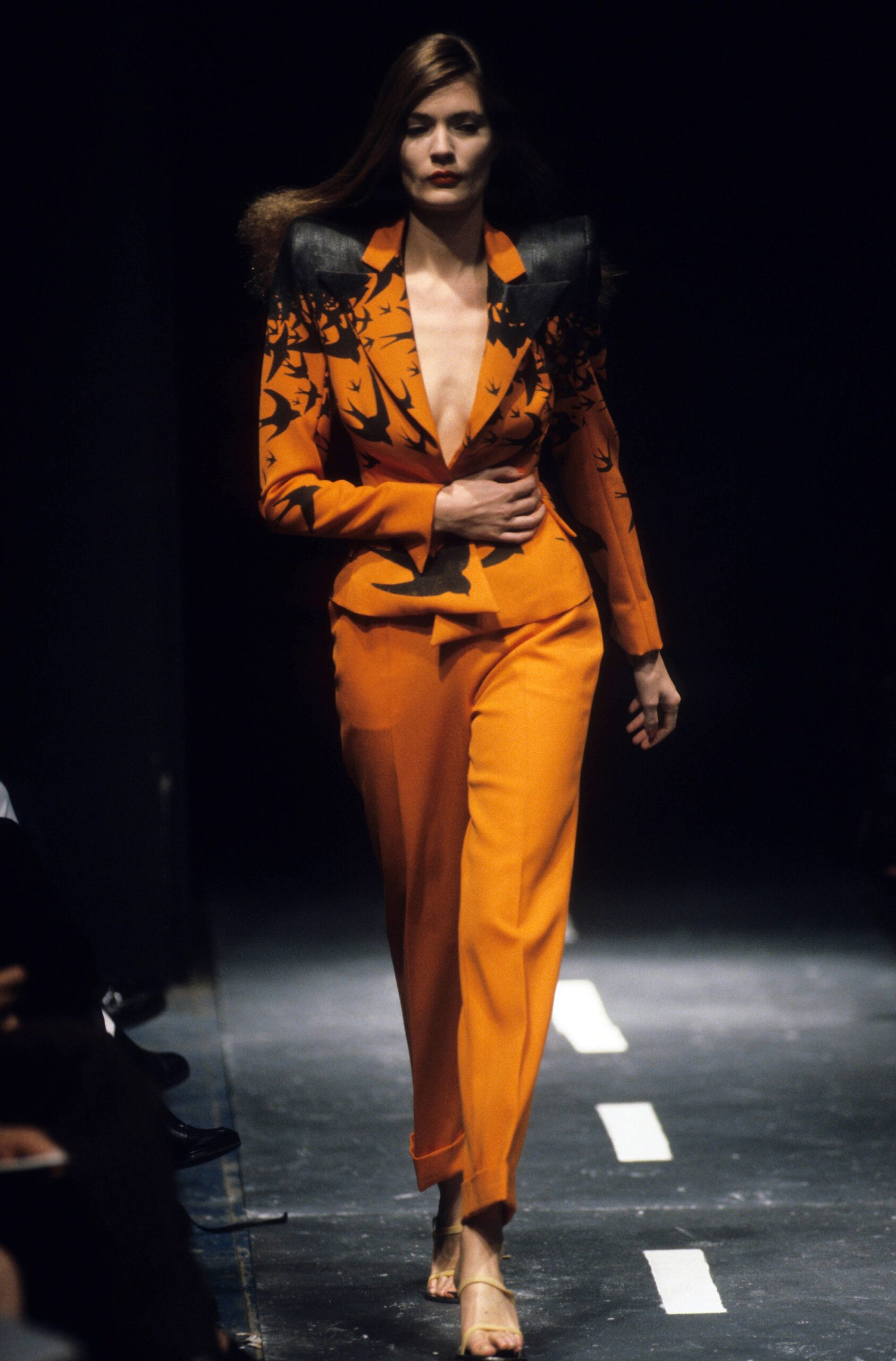 orange long-sleeve v-neck tailored printed suit