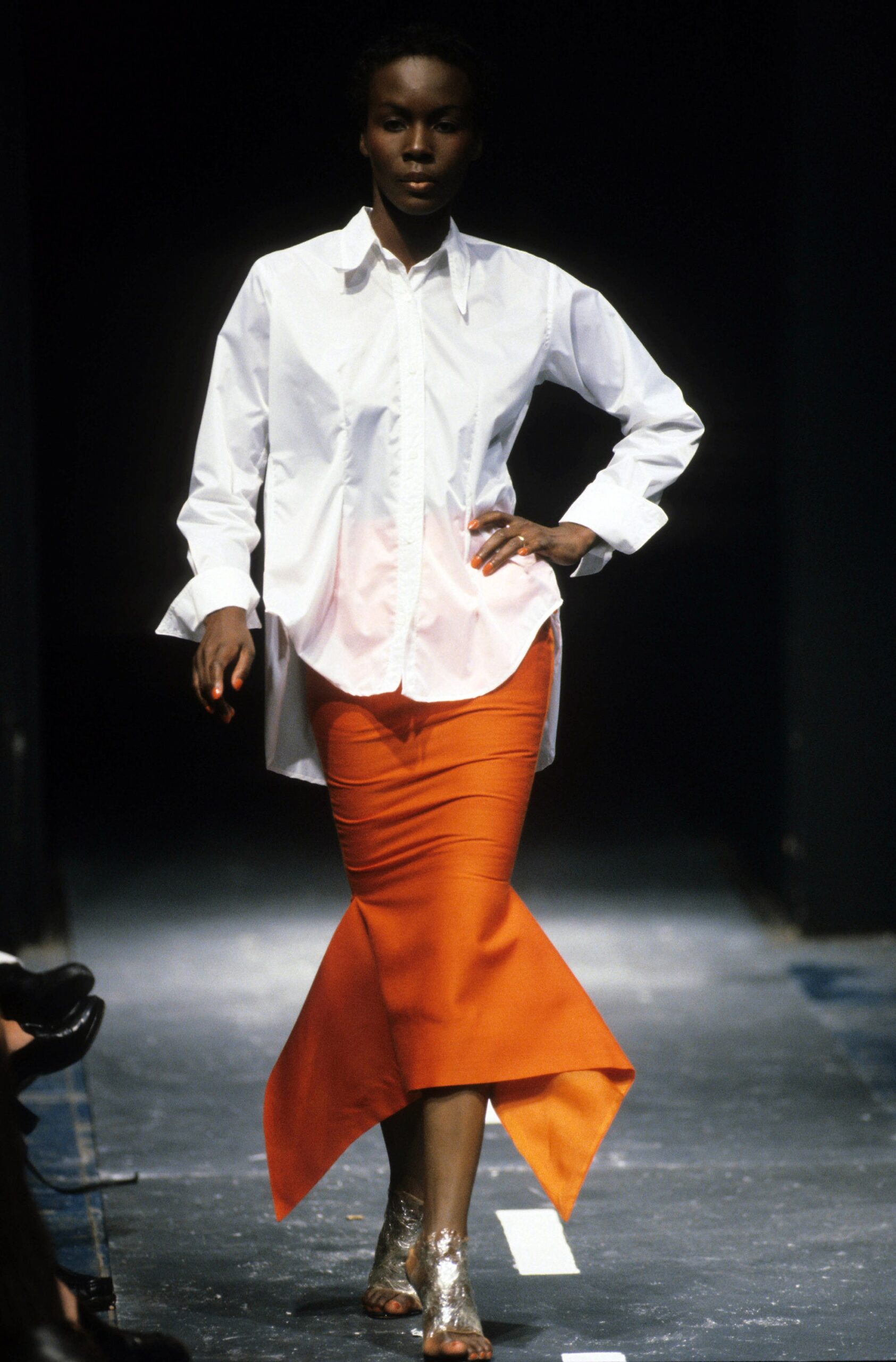 orange silk asymmetric fitted flared skirt