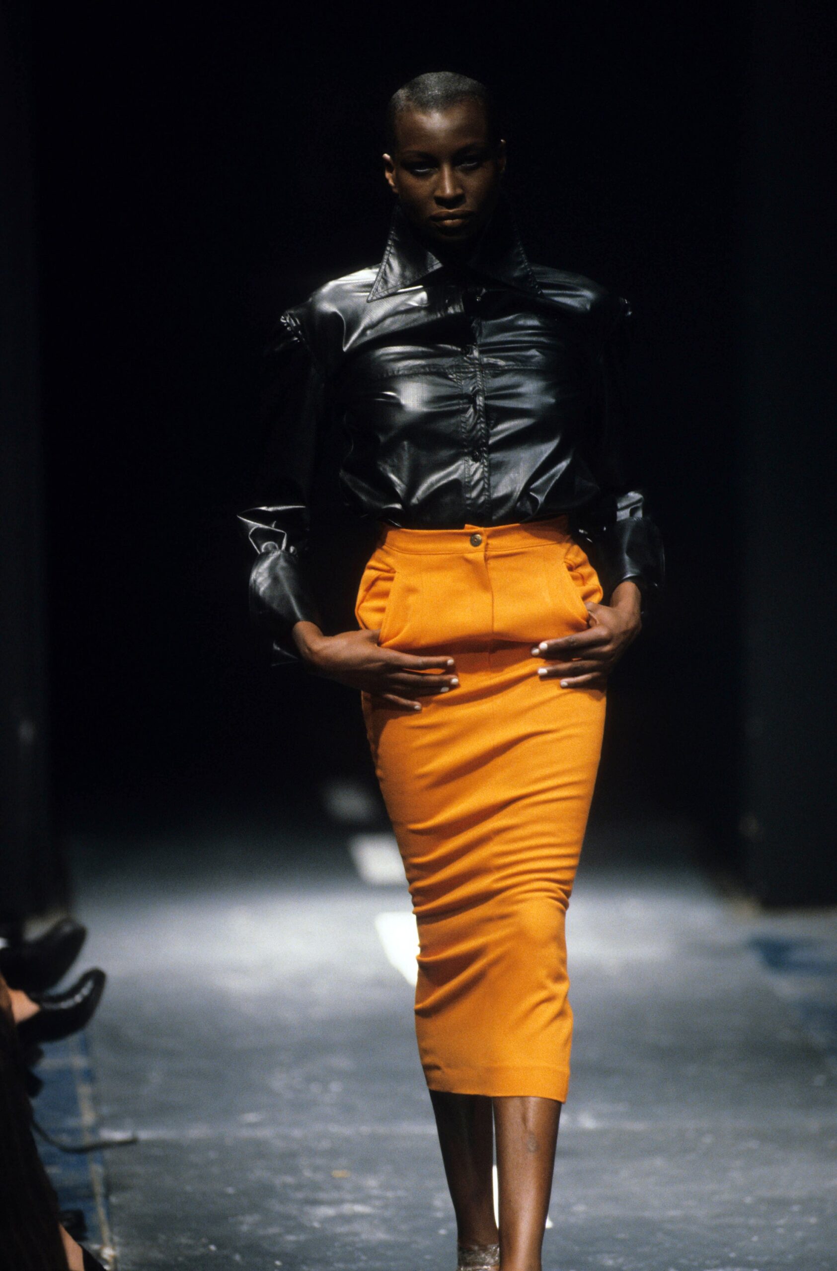 orange cotton fitted pencil skirt