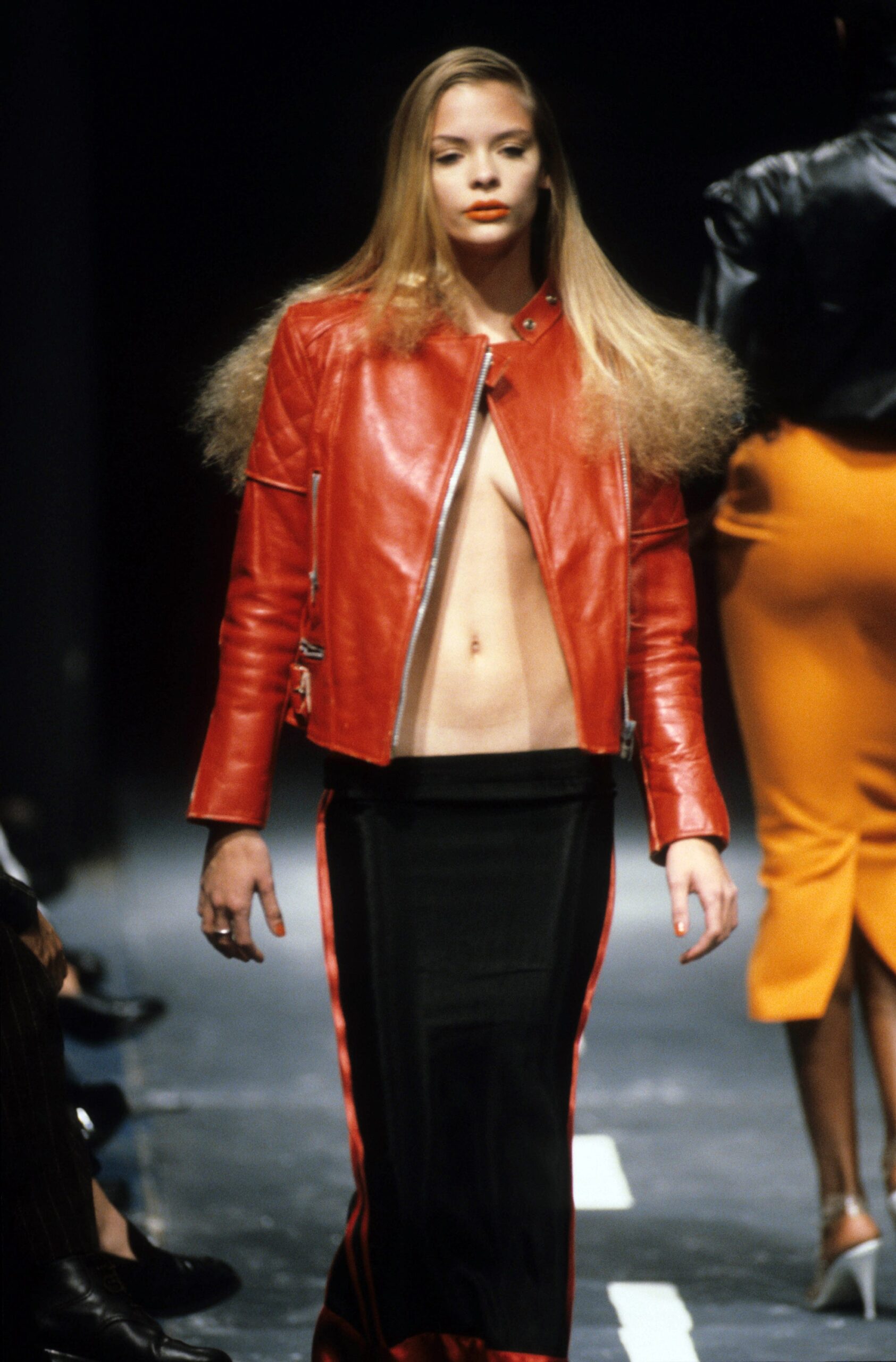 red leather fitted jacket and black pencil skirt