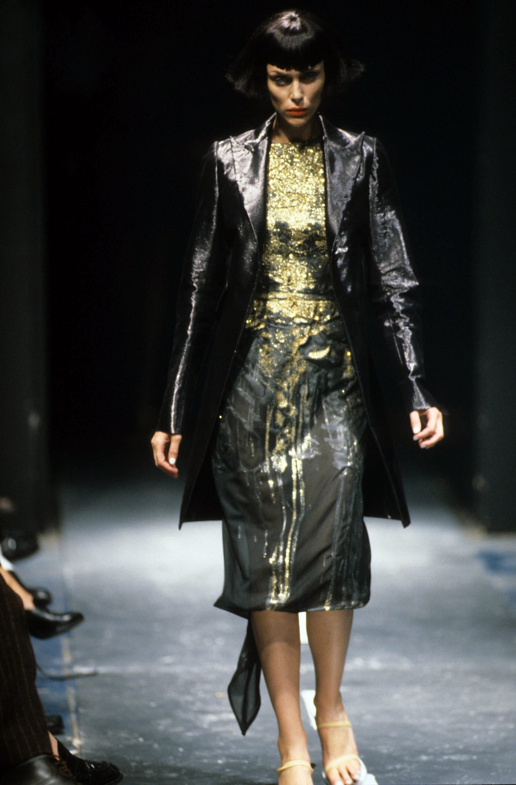 black silk sleeveless v-neck fitted sequined draped dress
