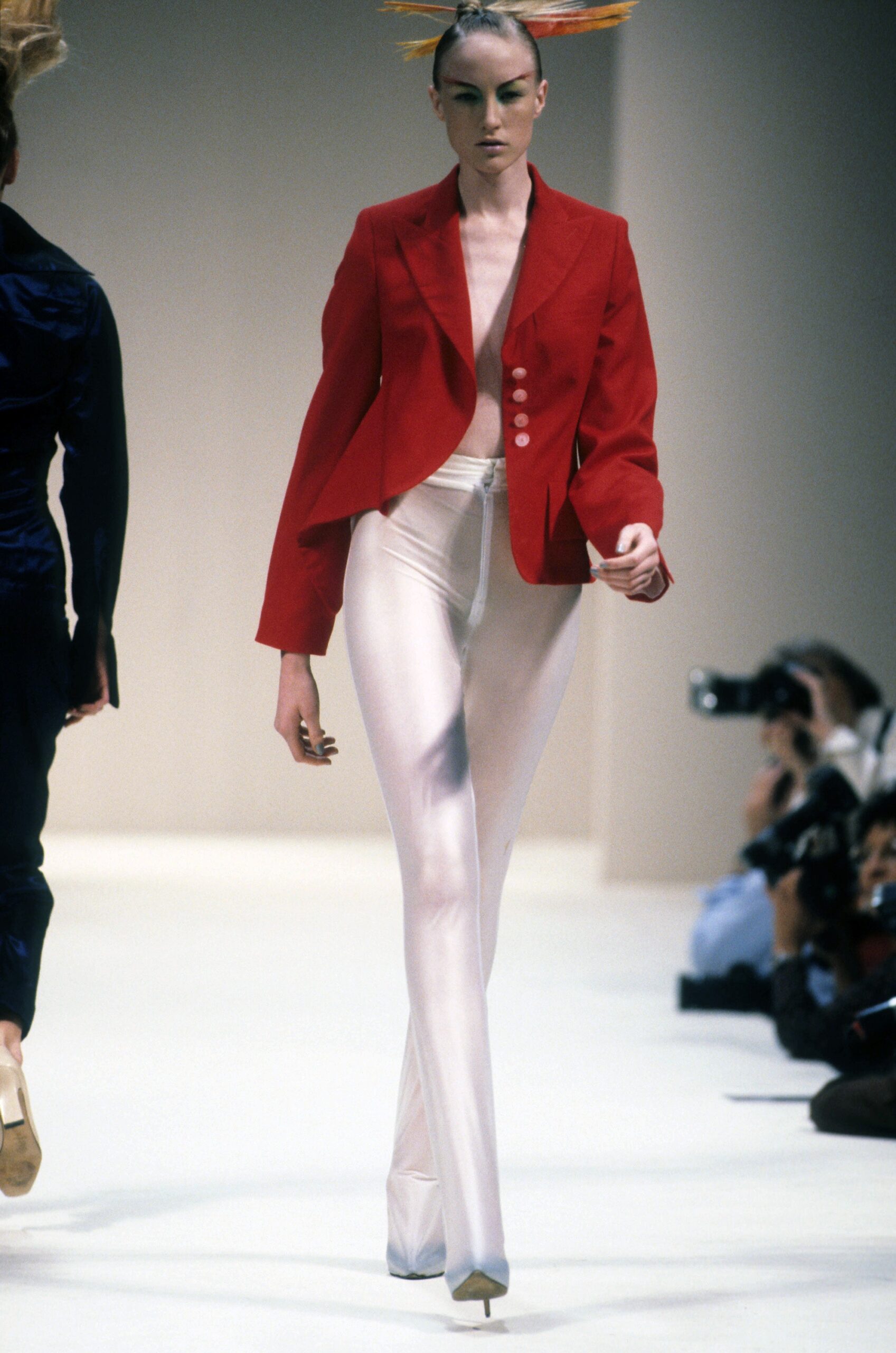 red silk long-sleeve collared tailored buttoned blazer