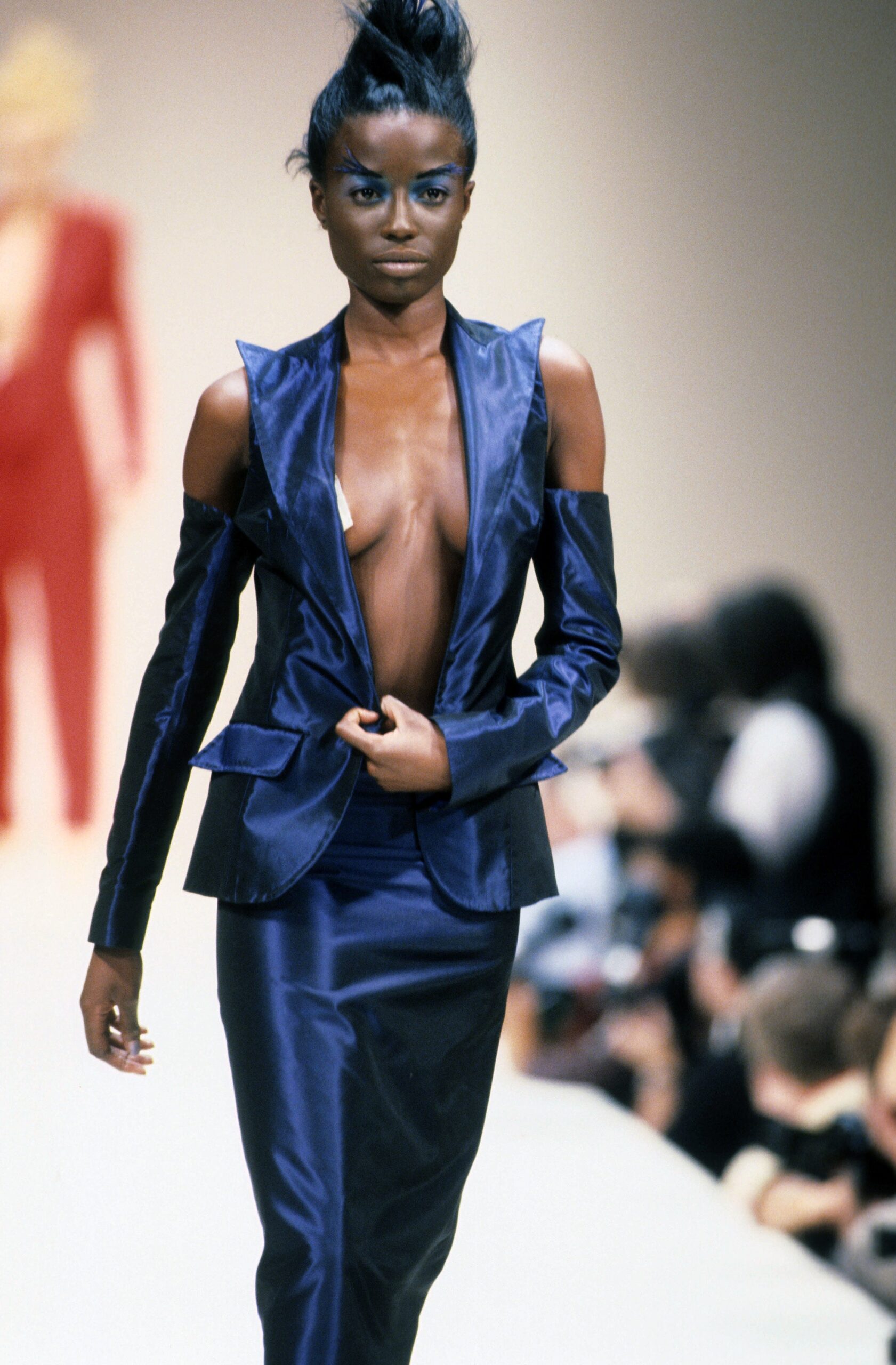 blue silk fitted blazer and pencil skirt