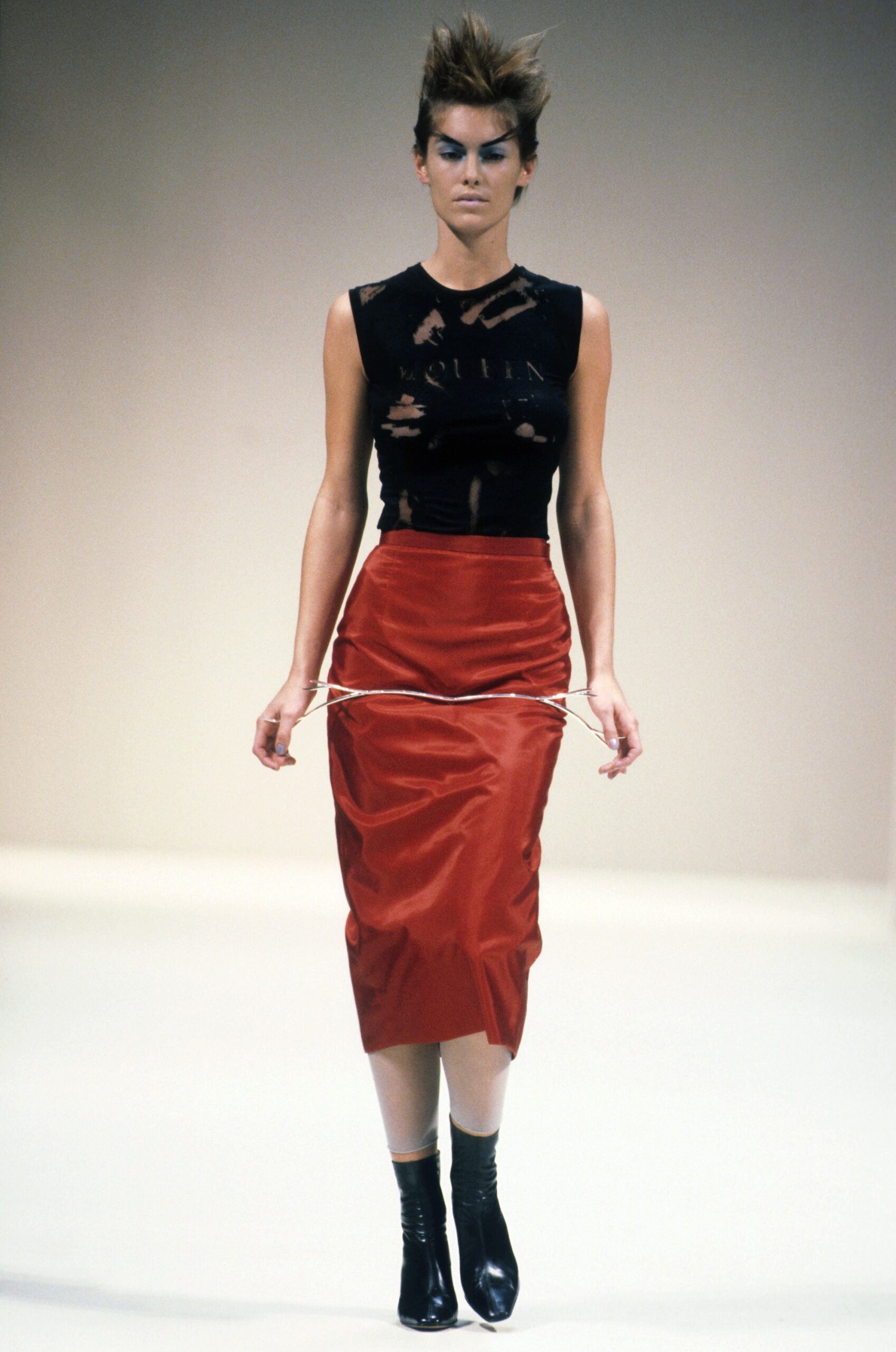 black fitted top red midi skirt
