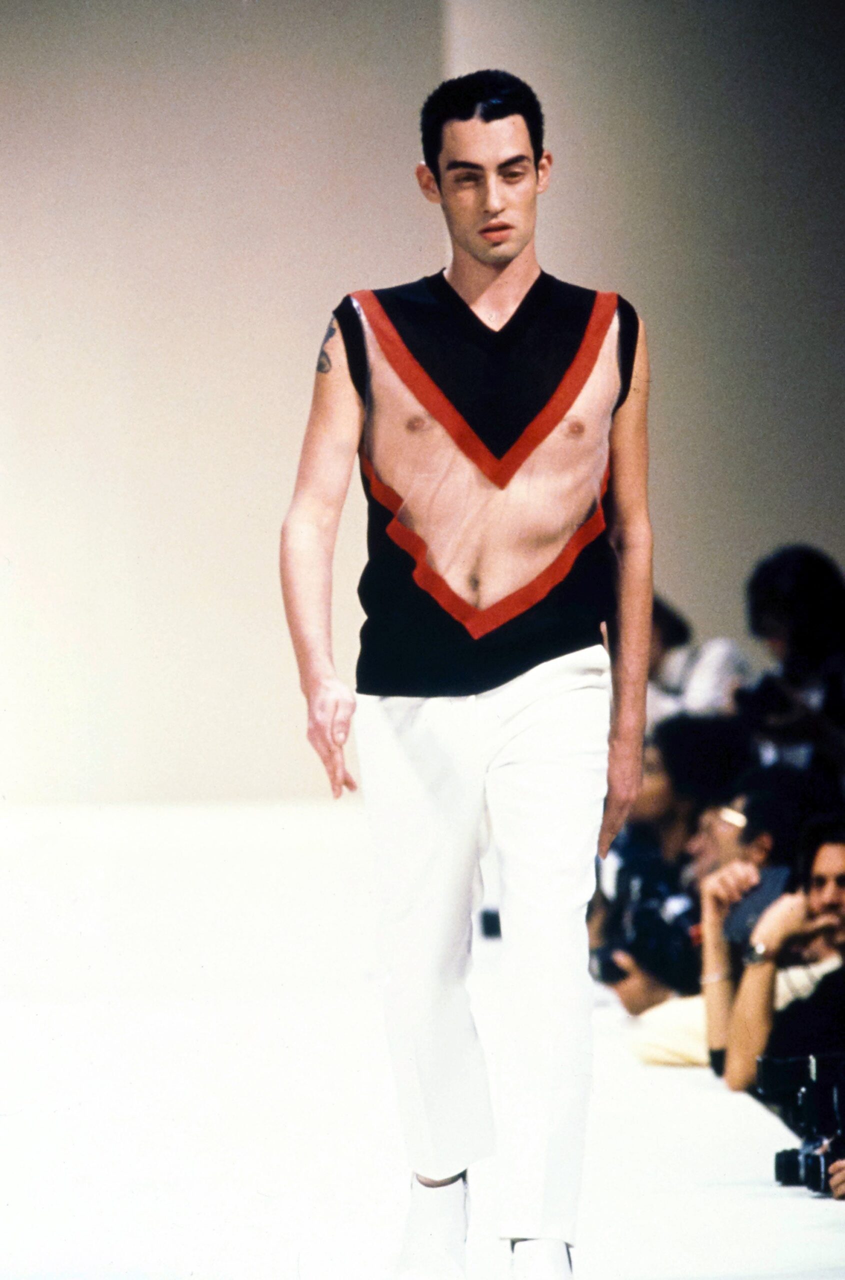 sheer color-blocked top with tailored pants