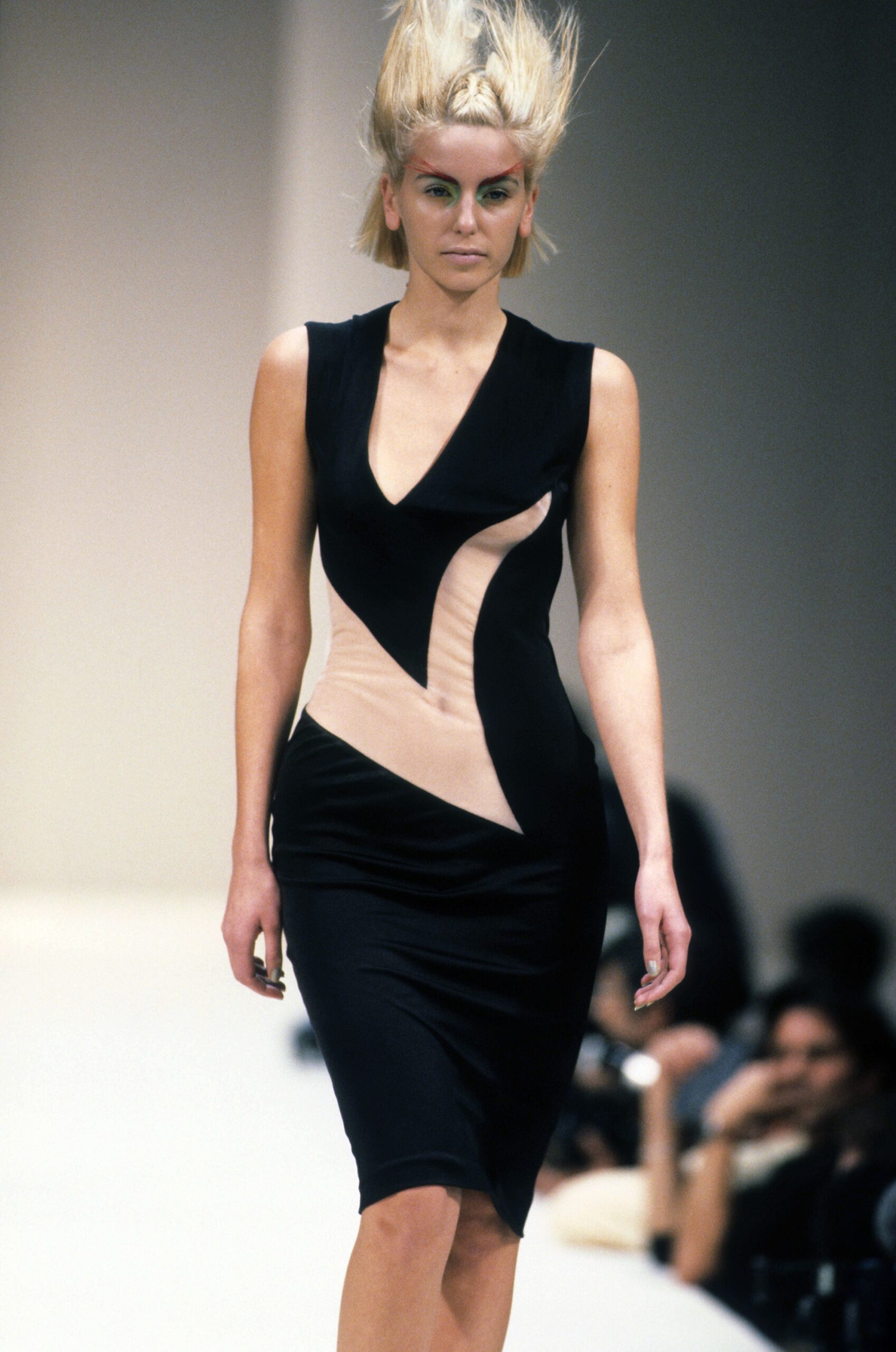 fitted black and beige asymmetric dress
