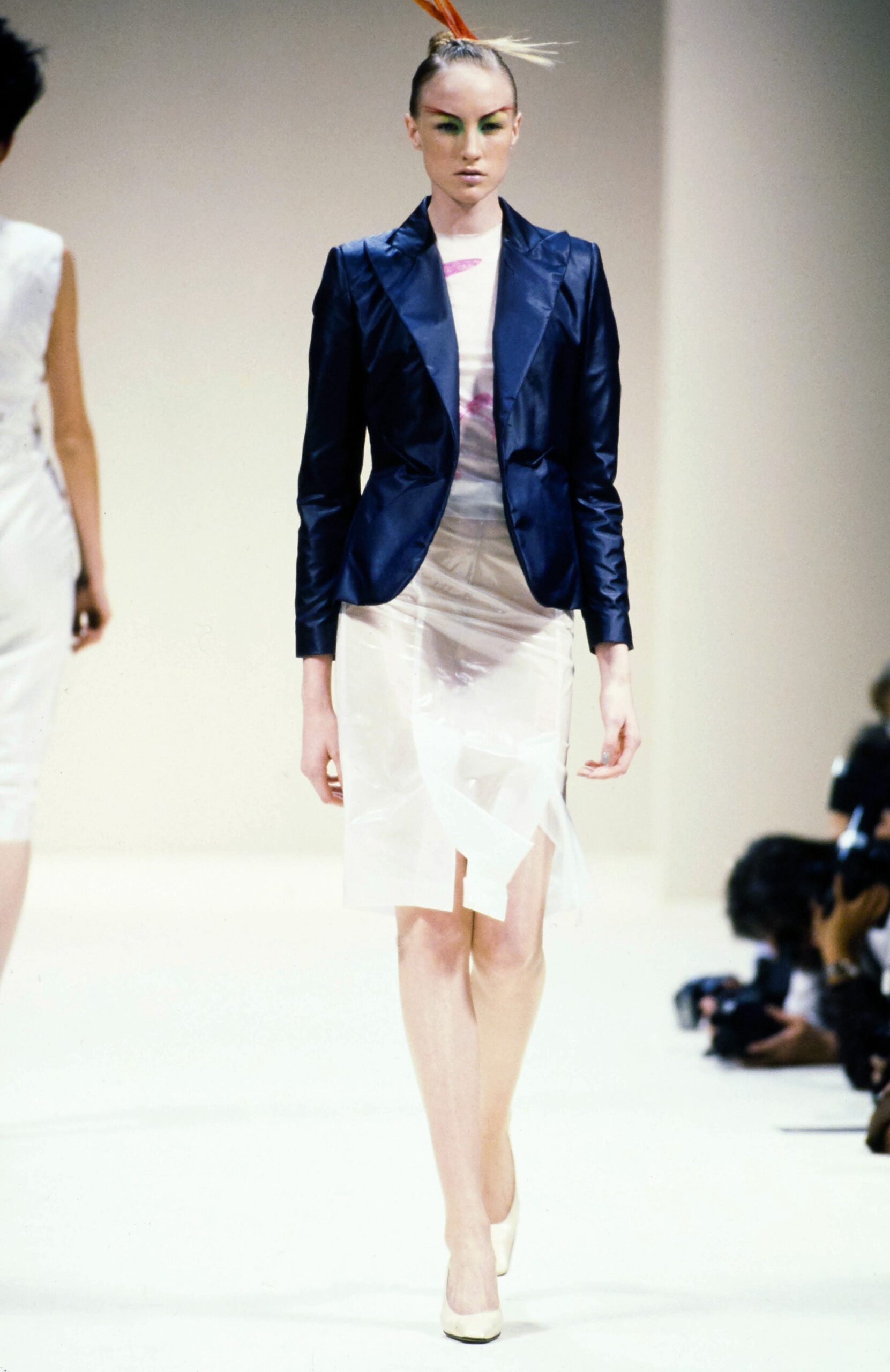 blue silk tailored blazer and white chiffon dress