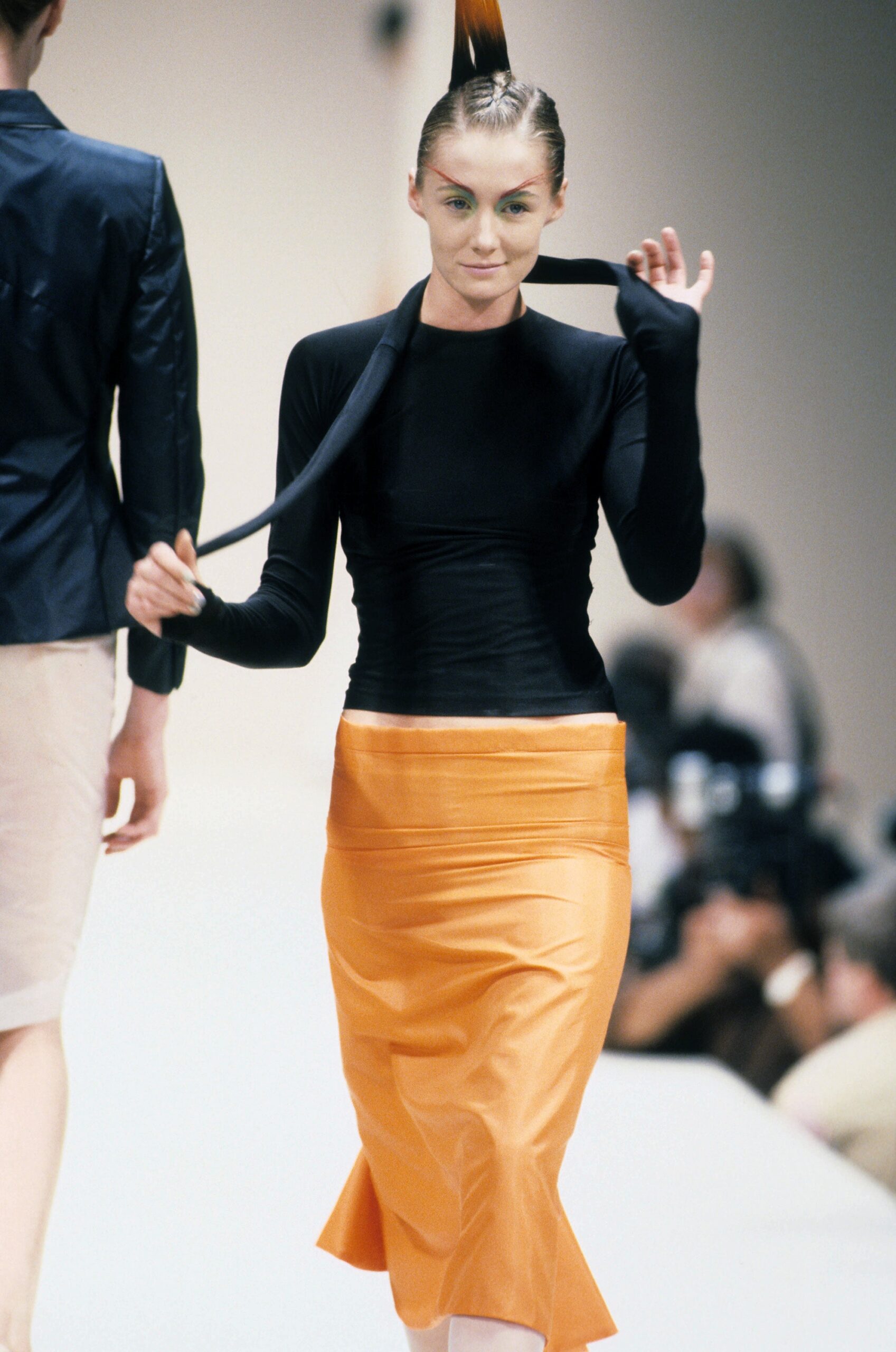 orange silk slit fitted flared skirt