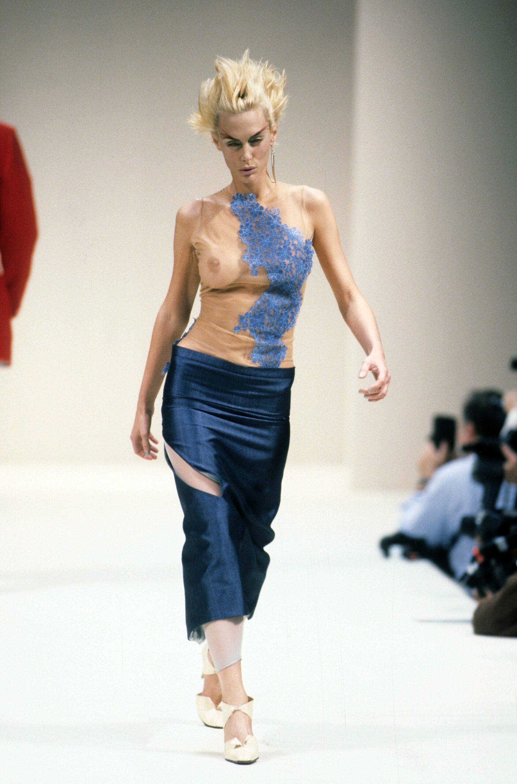 blue silk midi skirt and nude top