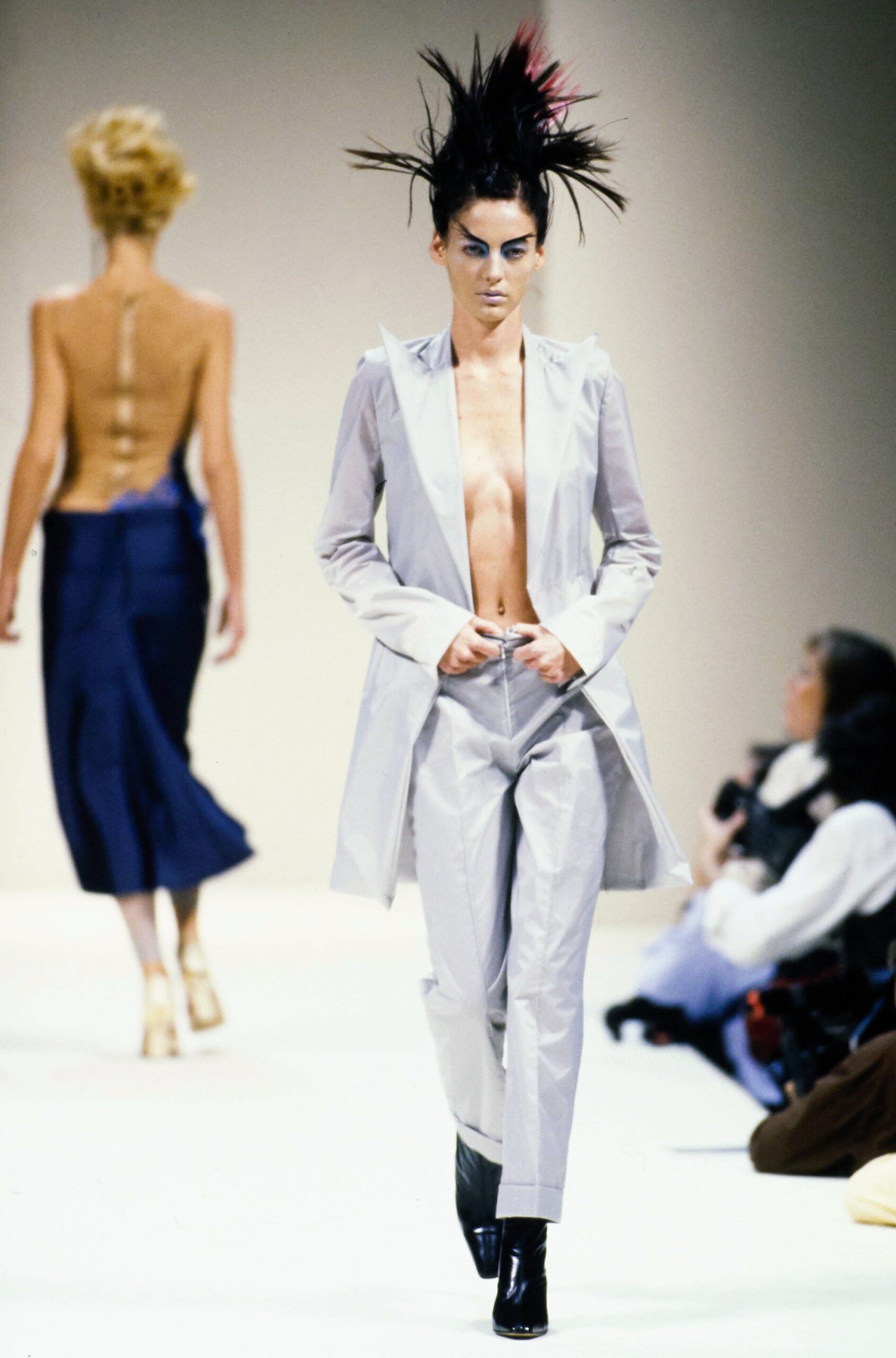 fitted gray silk suit