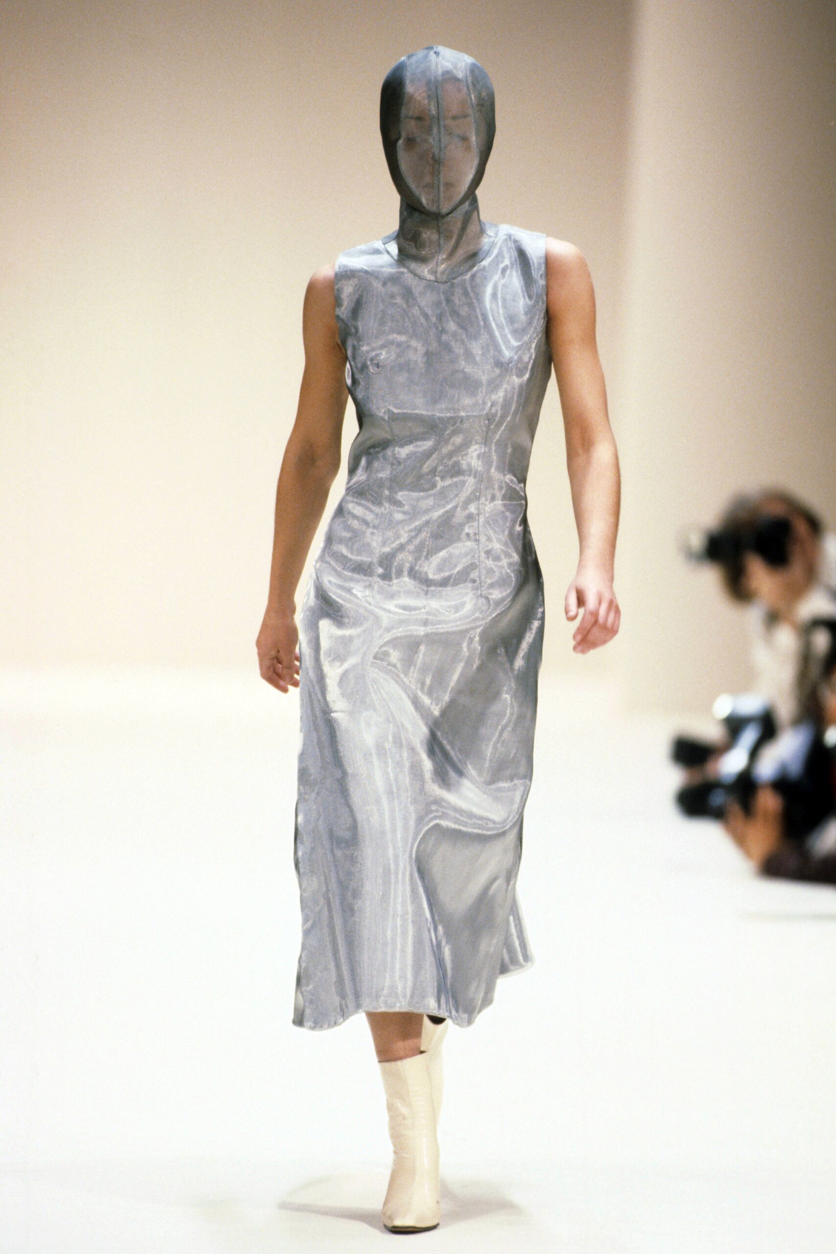 gray silk sleeveless high-neck fitted draped shiny dress